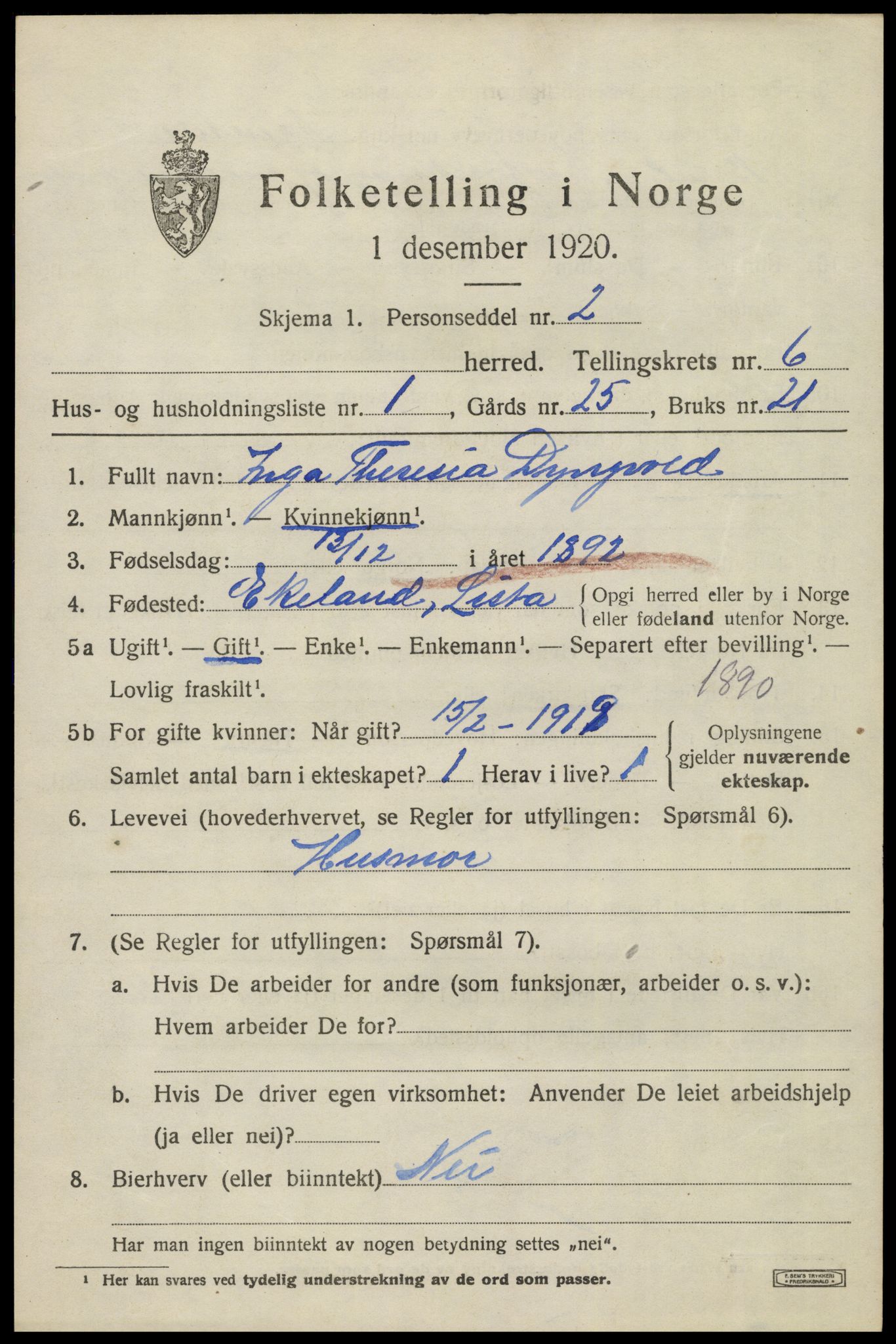 SAK, 1920 census for Lista, 1920, p. 6373