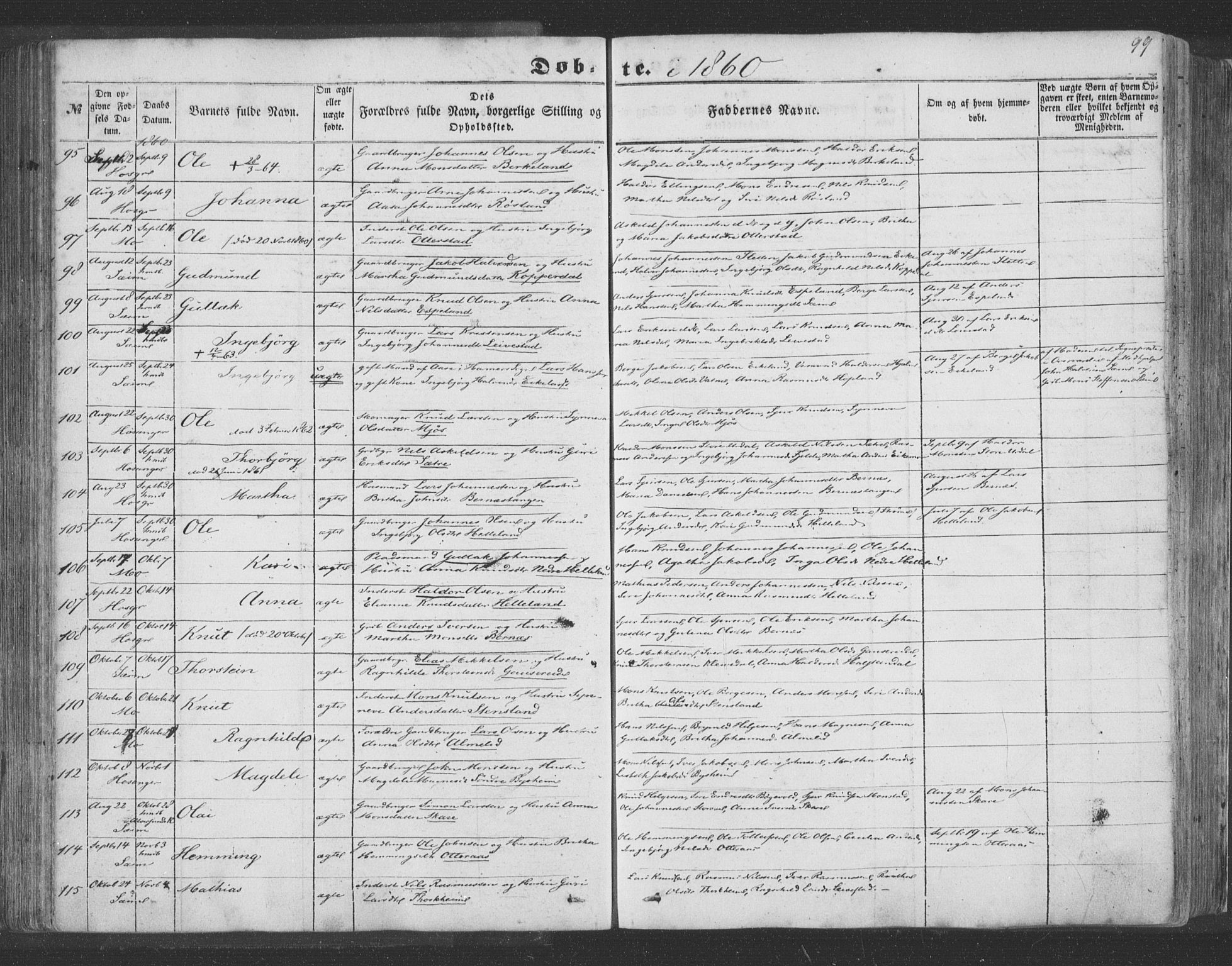 Hosanger sokneprestembete, AV/SAB-A-75801/H/Haa: Parish register (official) no. A 8, 1849-1863, p. 99