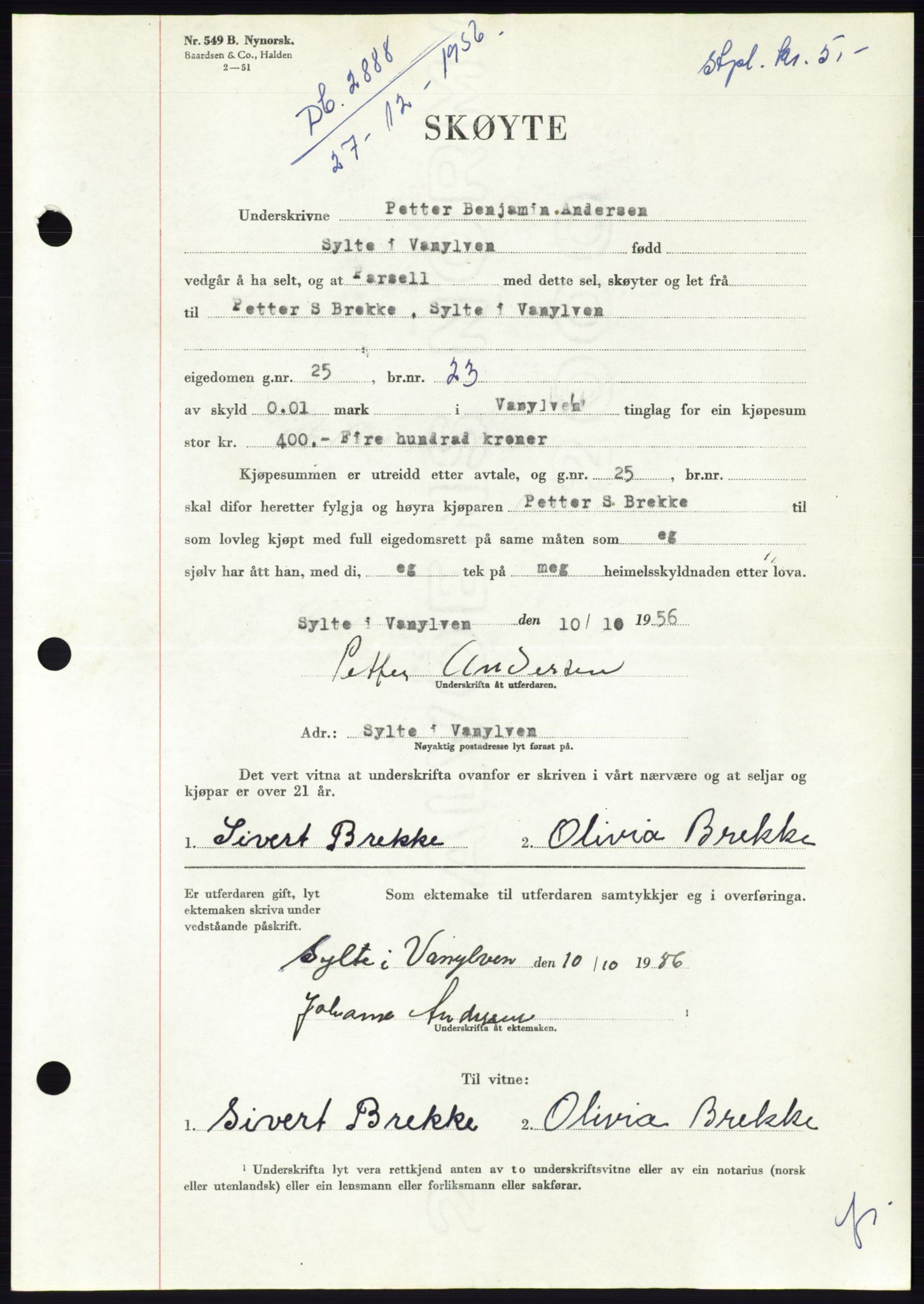 Søre Sunnmøre sorenskriveri, AV/SAT-A-4122/1/2/2C/L0105: Mortgage book no. 31A, 1956-1957, Diary no: : 2888/1956