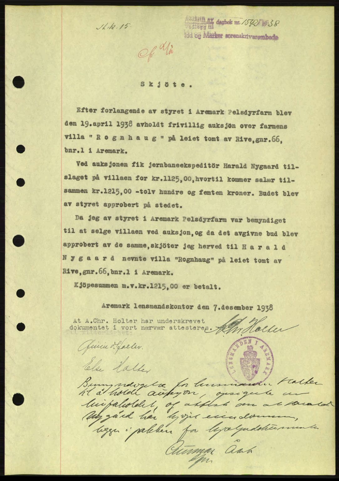 Idd og Marker sorenskriveri, AV/SAO-A-10283/G/Gb/Gbb/L0003: Mortgage book no. A3, 1938-1939, Diary no: : 1542/1938