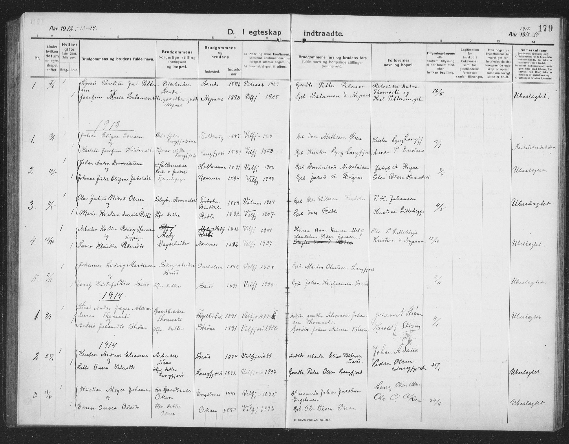 Ministerialprotokoller, klokkerbøker og fødselsregistre - Nordland, AV/SAT-A-1459/814/L0231: Parish register (copy) no. 814C04, 1912-1926, p. 179