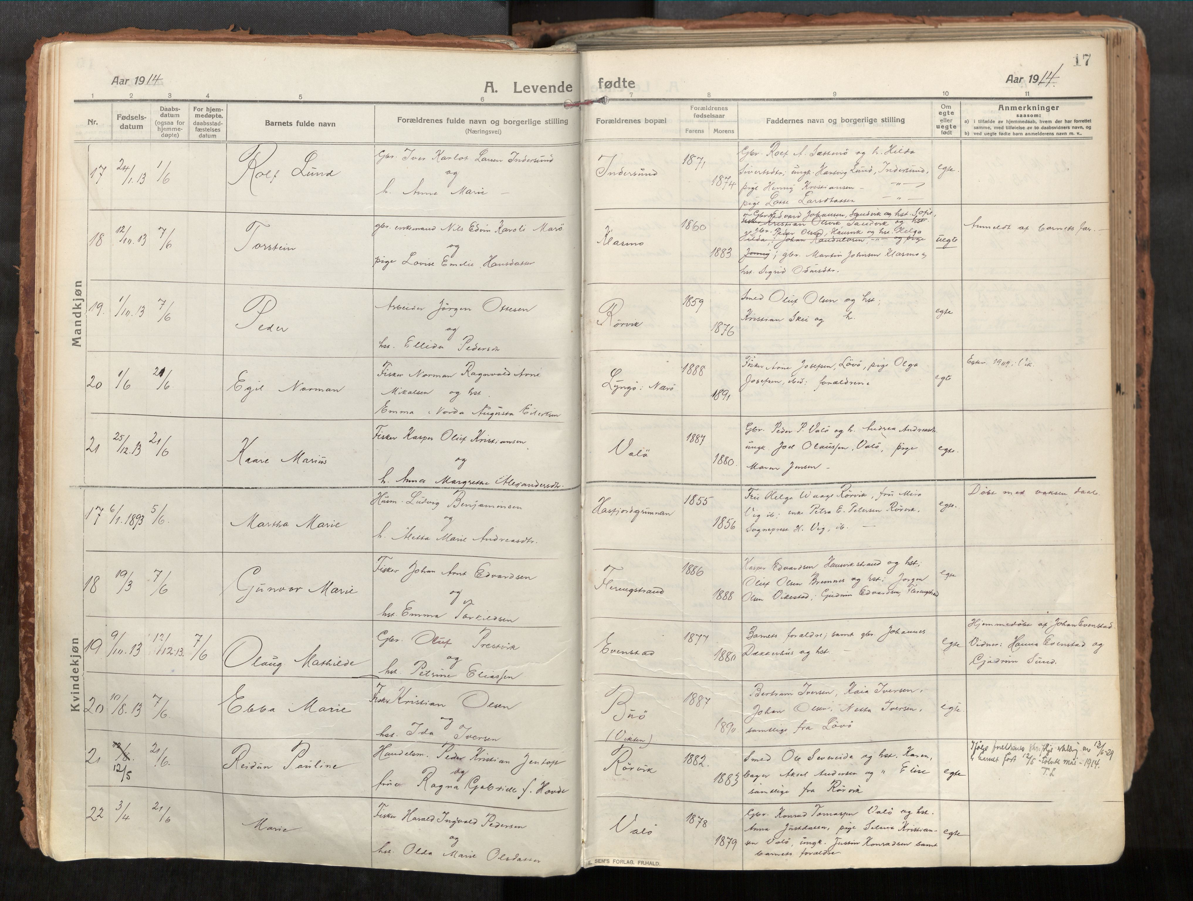 Vikna sokneprestkontor, AV/SAT-A-1173/1/I/I1/I1a/L0001: Parish register (official) no. 1, 1913-1934, p. 17