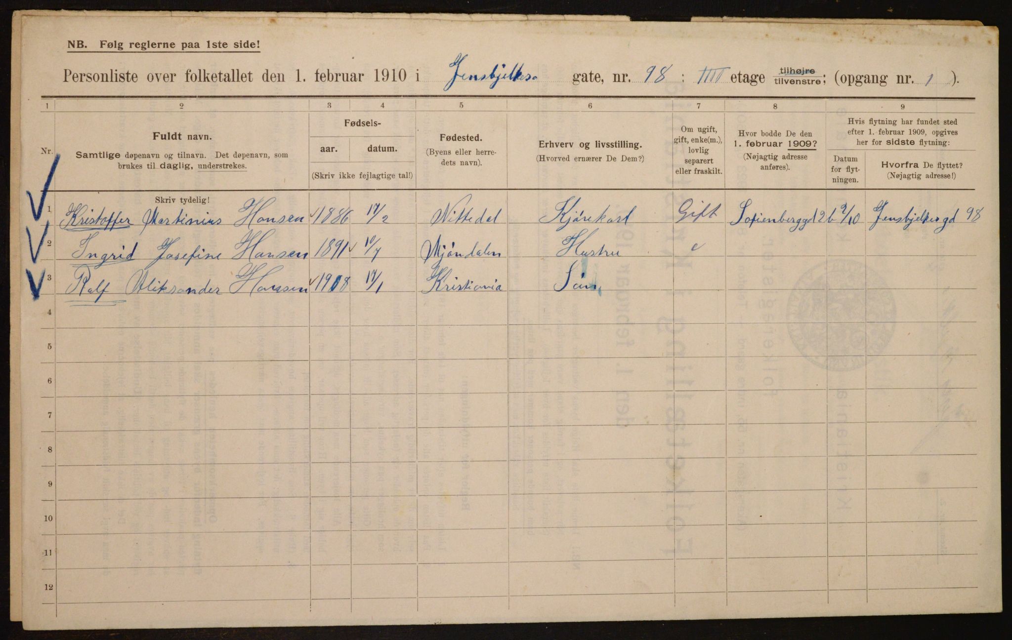 OBA, Municipal Census 1910 for Kristiania, 1910, p. 45472