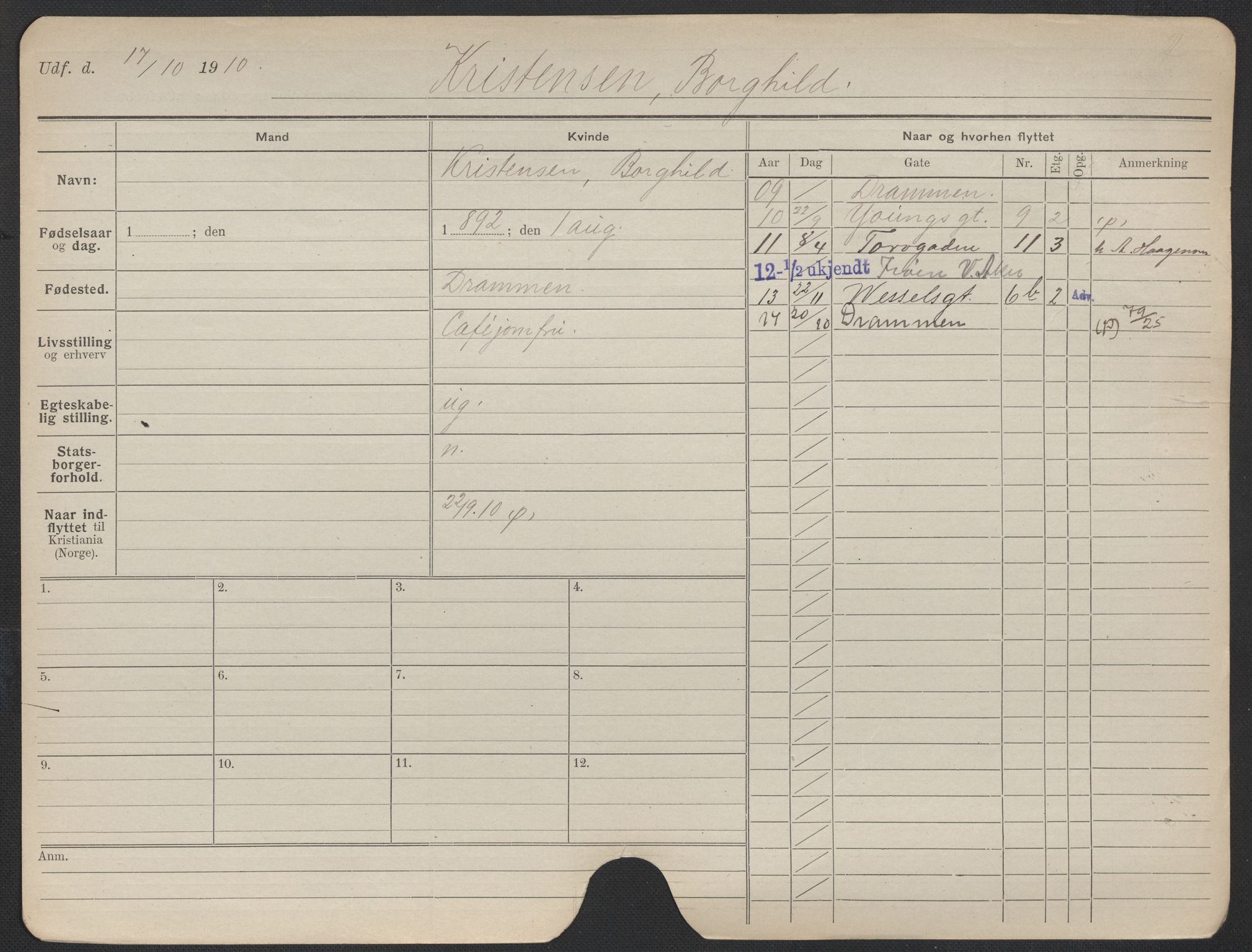 Oslo folkeregister, Registerkort, AV/SAO-A-11715/F/Fa/Fac/L0019: Kvinner, 1906-1914, p. 123a