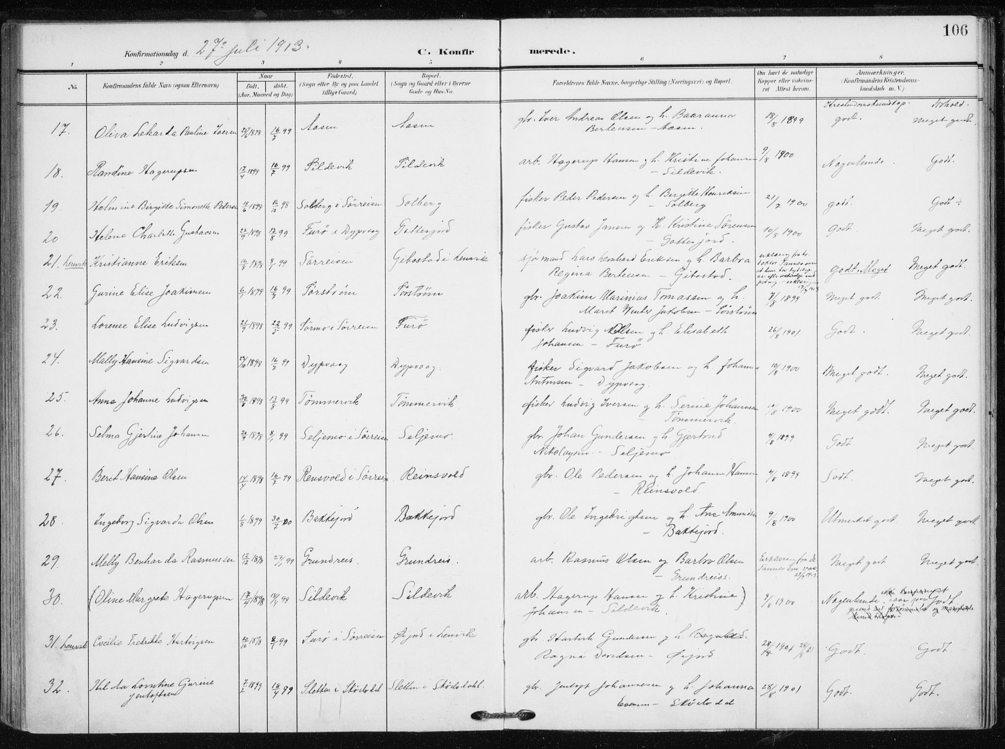 Tranøy sokneprestkontor, SATØ/S-1313/I/Ia/Iaa/L0012kirke: Parish register (official) no. 12, 1905-1918, p. 106