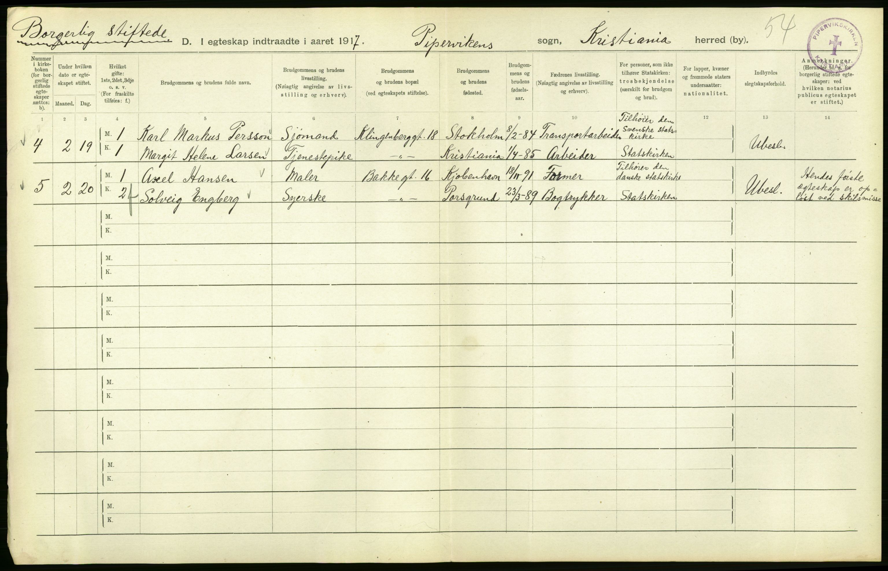 Statistisk sentralbyrå, Sosiodemografiske emner, Befolkning, AV/RA-S-2228/D/Df/Dfb/Dfbg/L0009: Kristiania: Gifte, 1917, p. 282