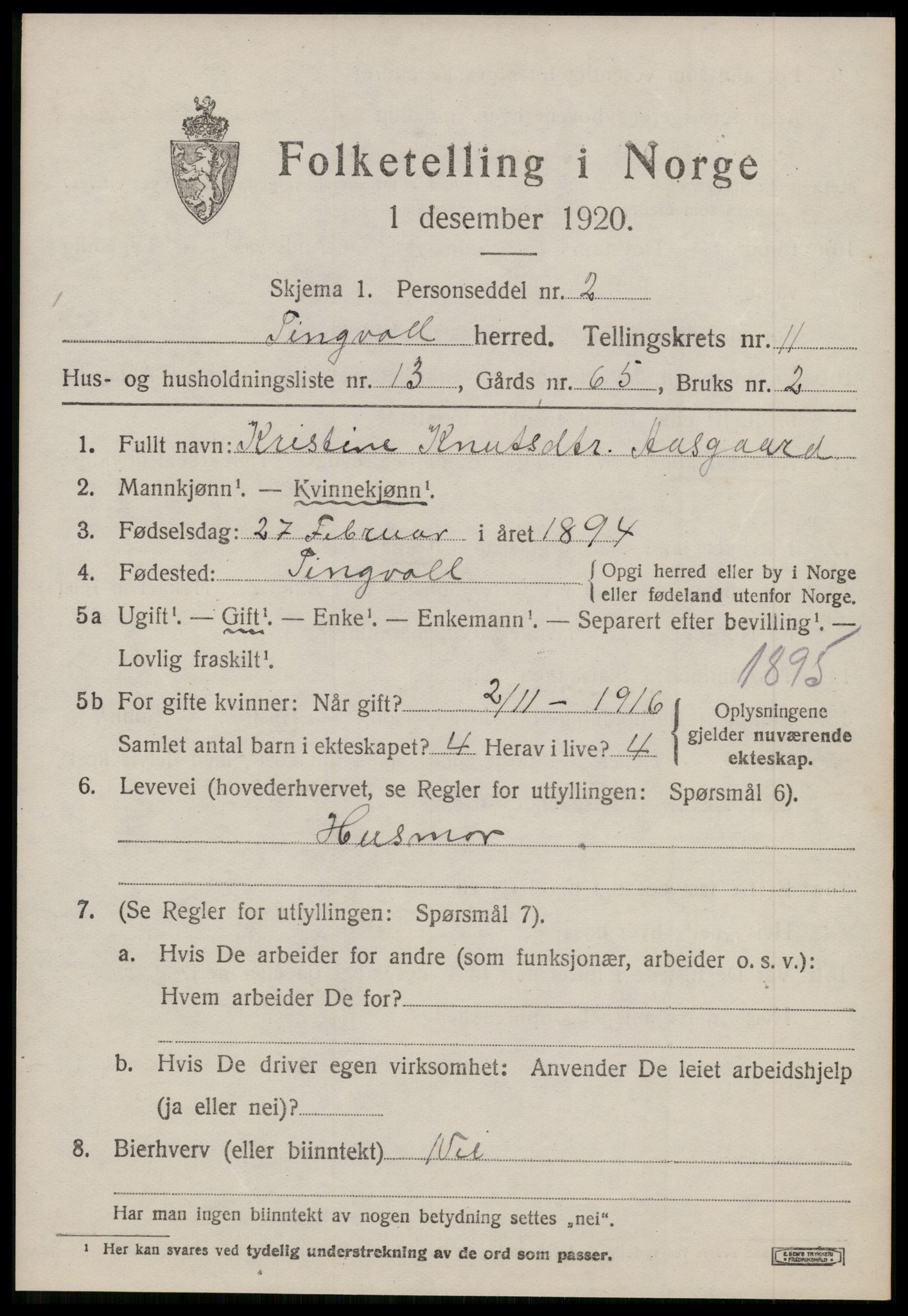 SAT, 1920 census for Tingvoll, 1920, p. 5884