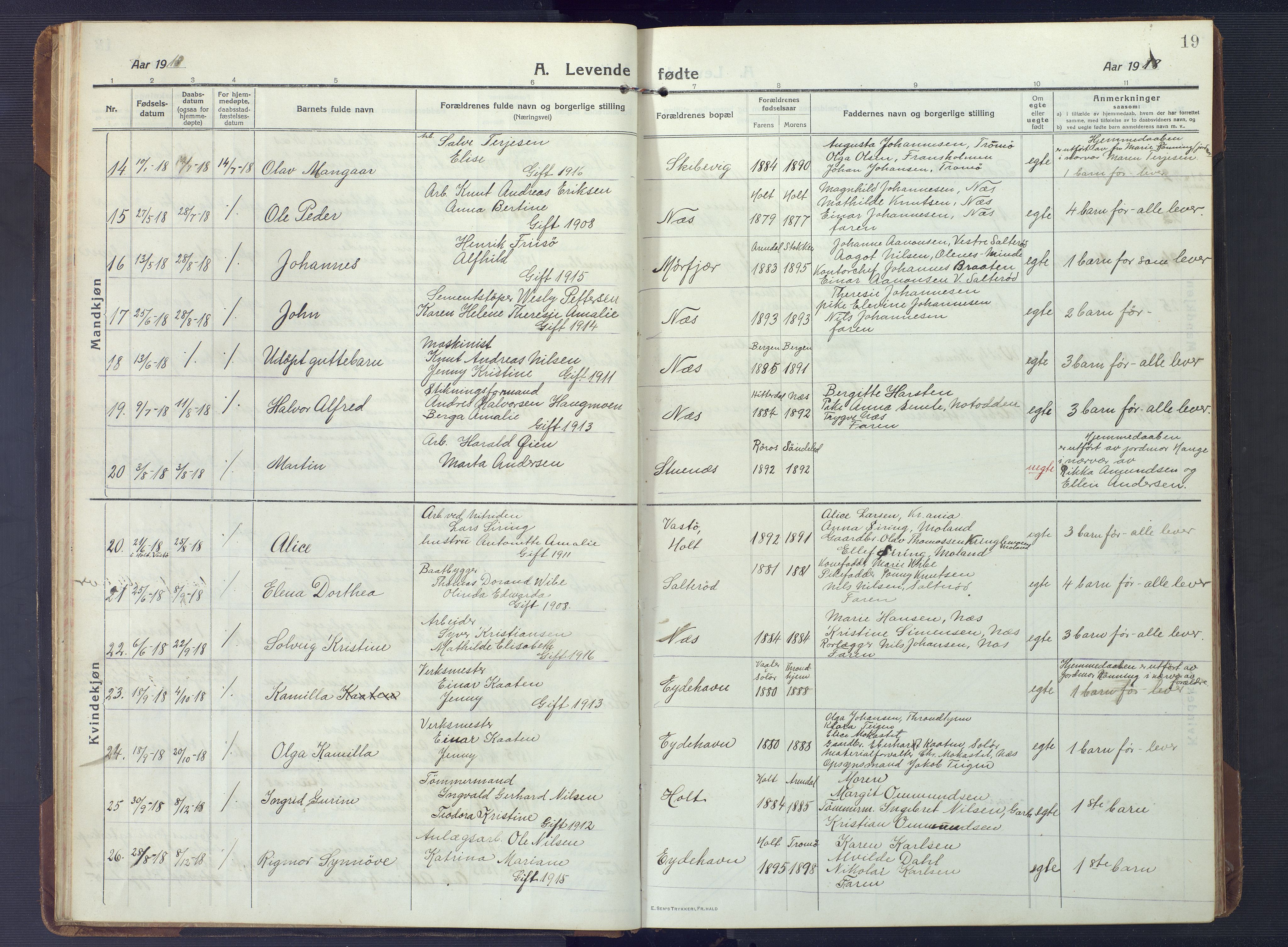 Austre Moland sokneprestkontor, AV/SAK-1111-0001/F/Fb/Fbb/L0004: Parish register (copy) no. B 4, 1914-1929, p. 19