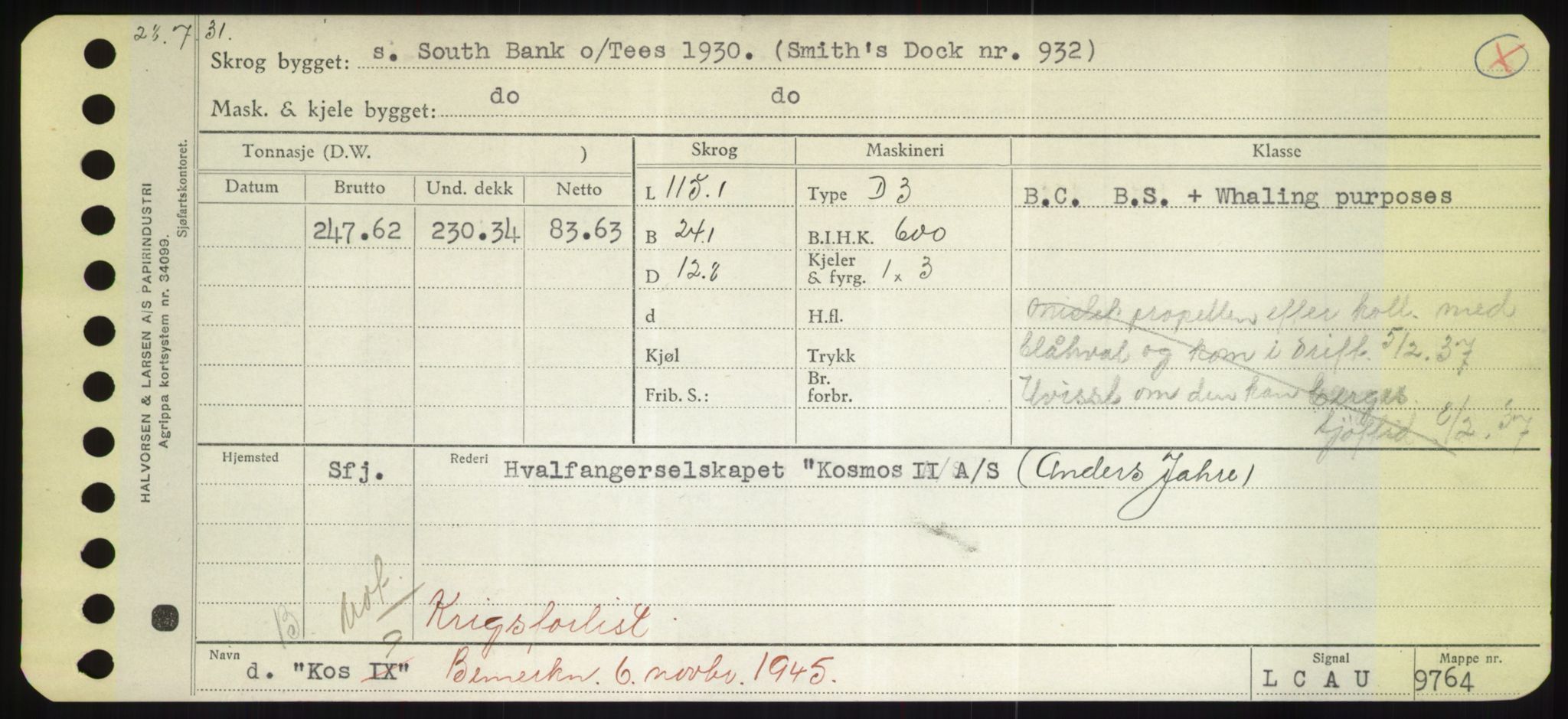 Sjøfartsdirektoratet med forløpere, Skipsmålingen, RA/S-1627/H/Hd/L0021: Fartøy, Kor-Kår, p. 37