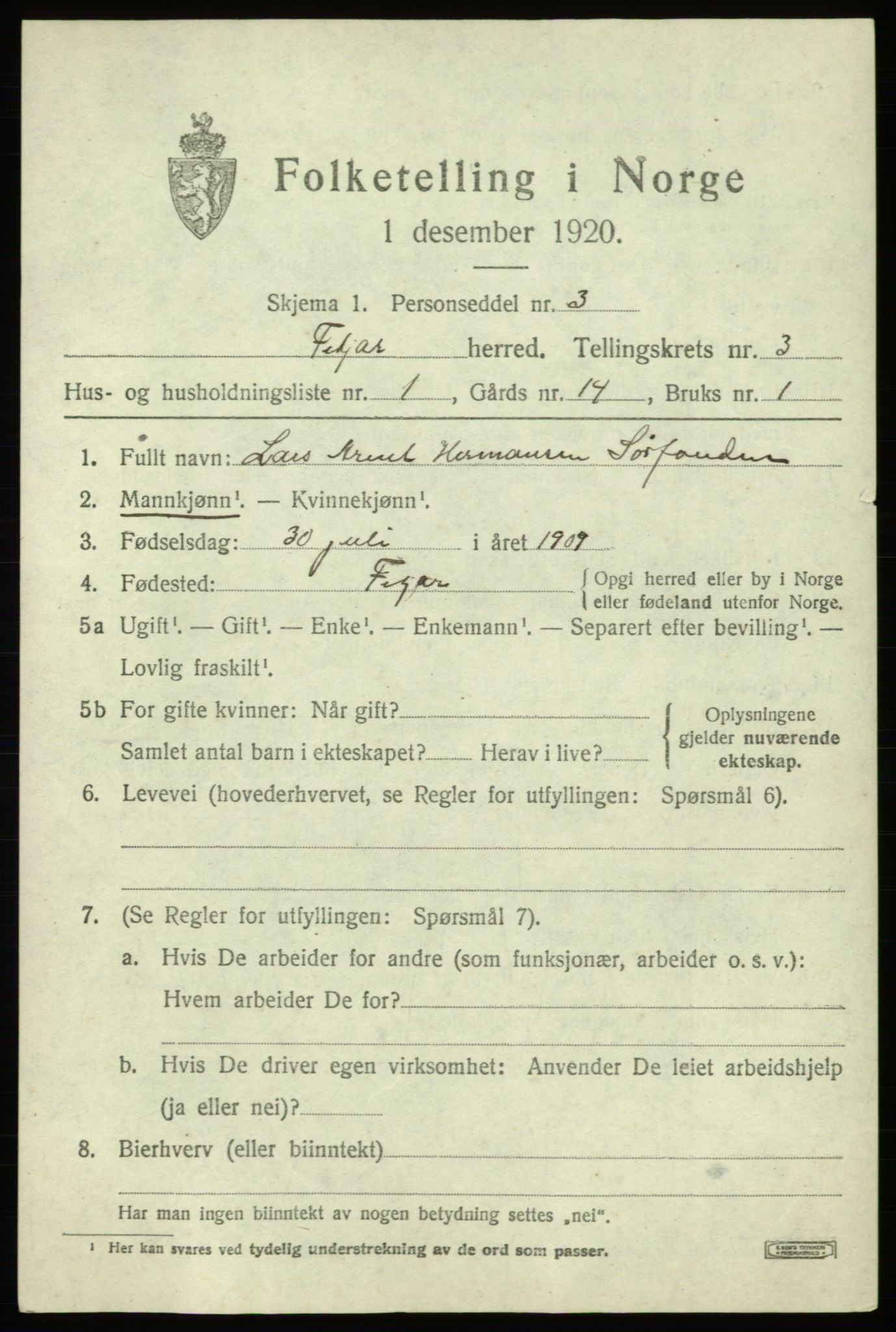 SAB, 1920 census for Fitjar, 1920, p. 2050