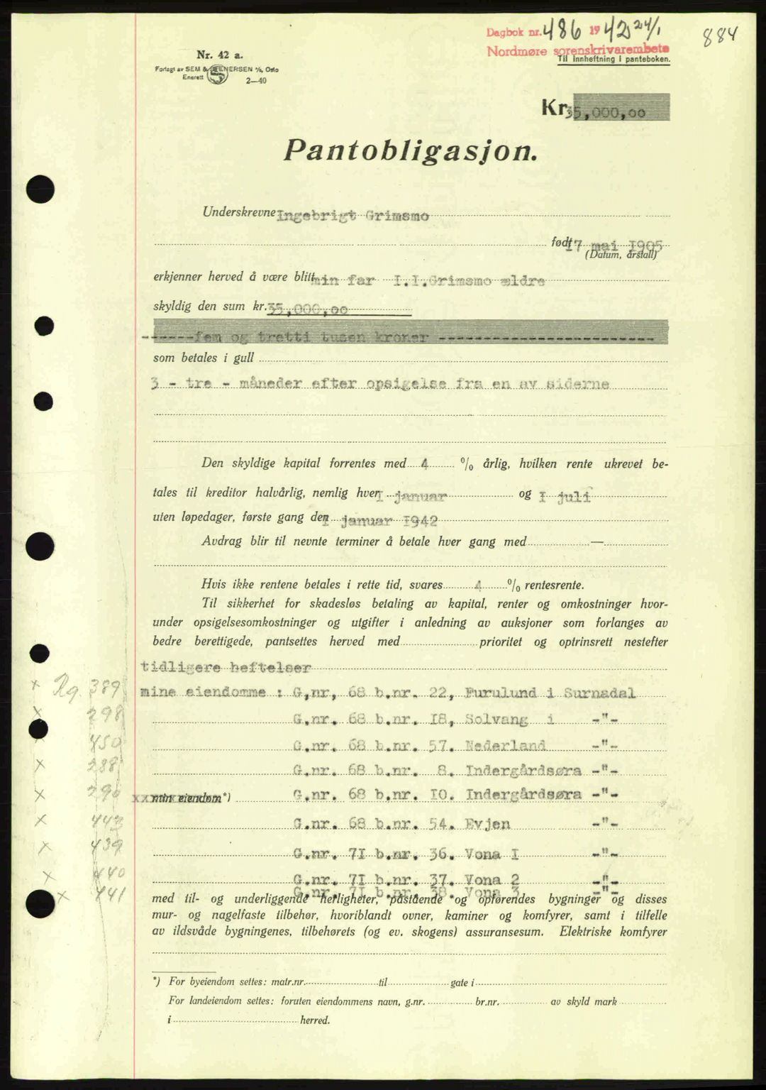 Nordmøre sorenskriveri, AV/SAT-A-4132/1/2/2Ca: Mortgage book no. B88, 1941-1942, Diary no: : 486/1942