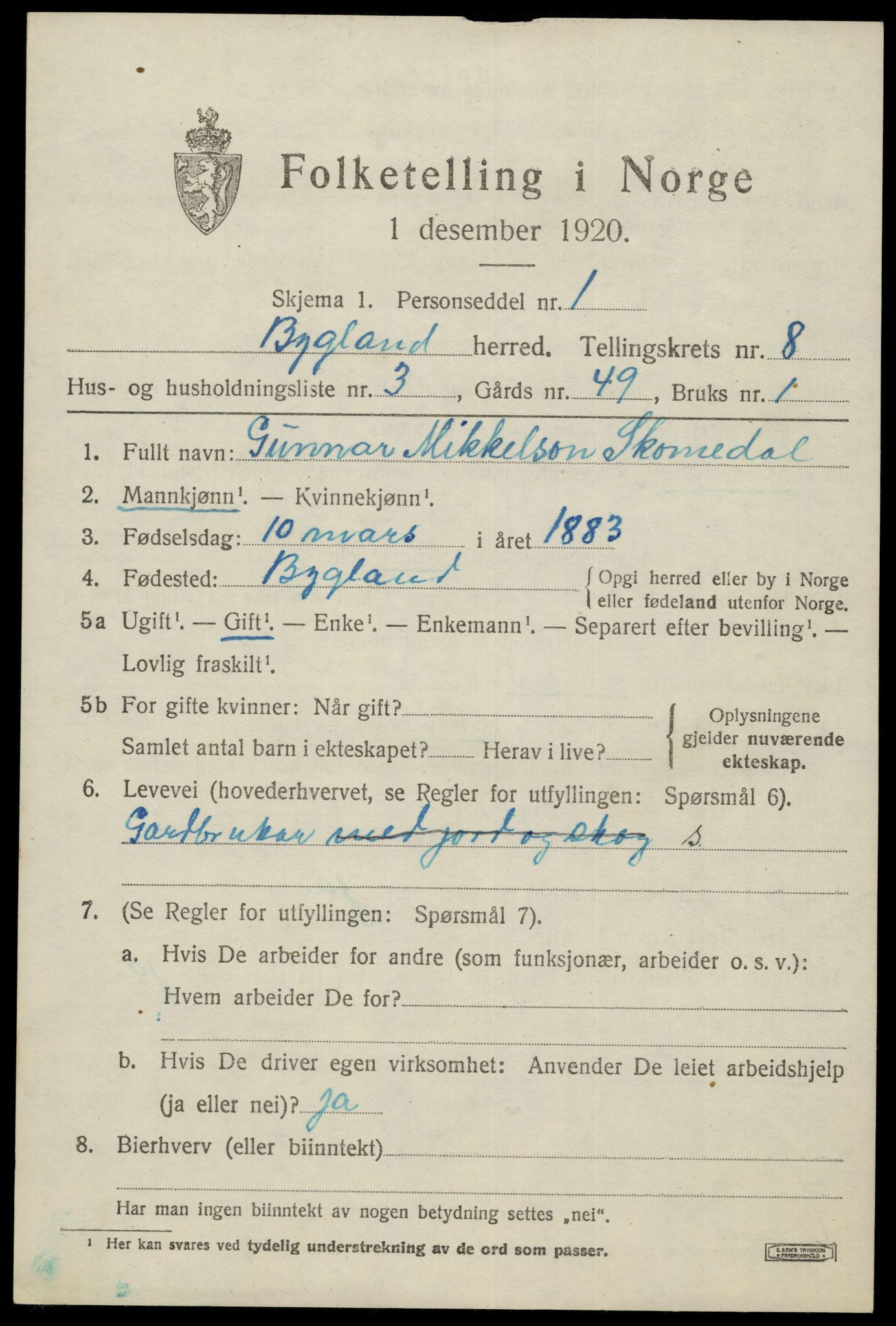 SAK, 1920 census for Bygland, 1920, p. 2809