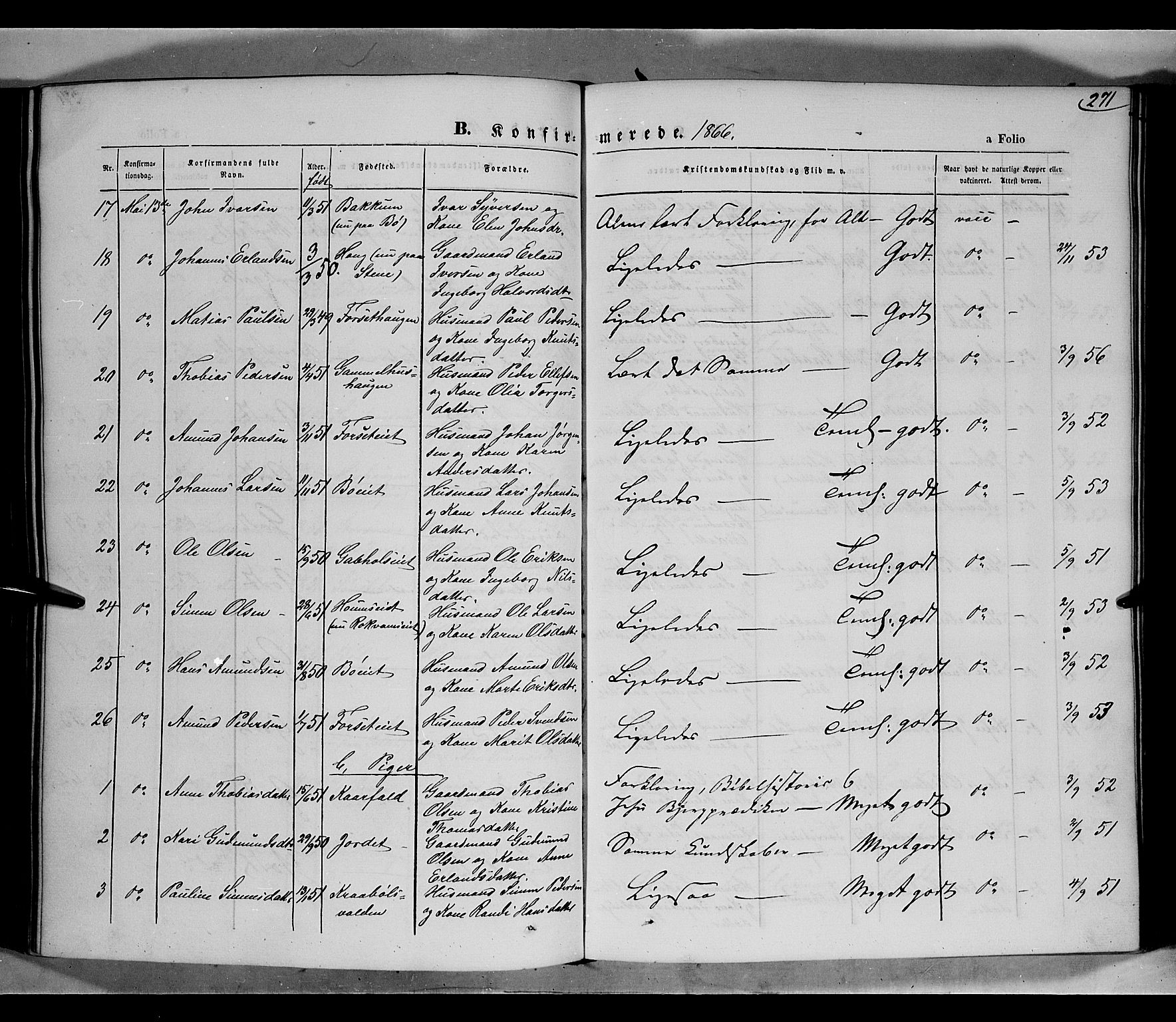 Gausdal prestekontor, SAH/PREST-090/H/Ha/Haa/L0009: Parish register (official) no. 9, 1862-1873, p. 271