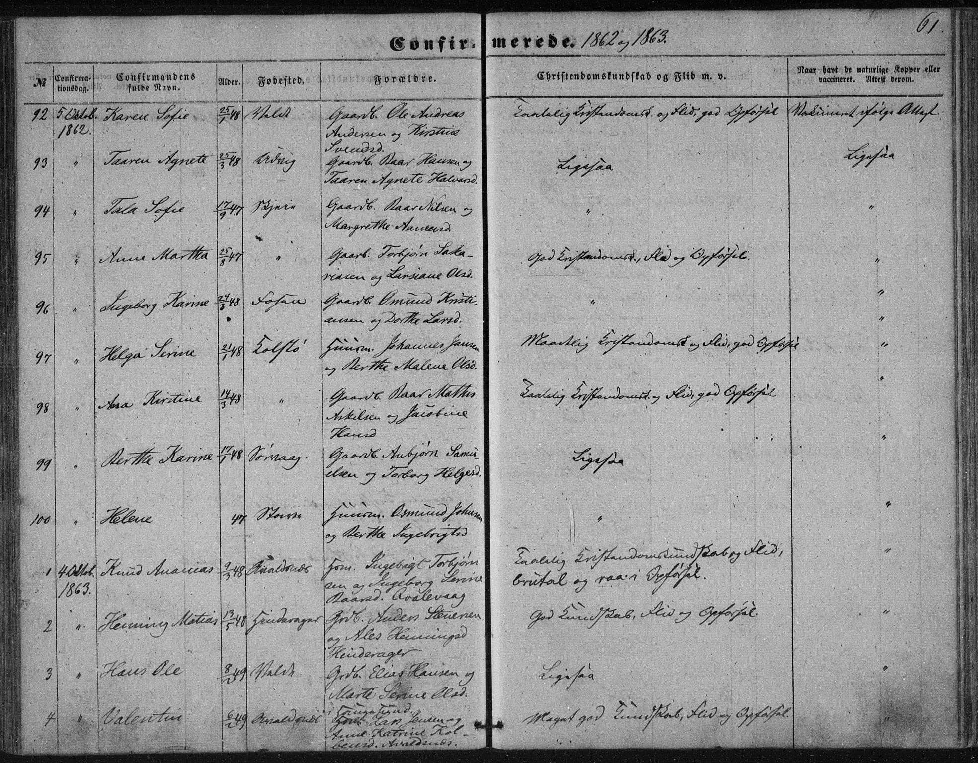 Avaldsnes sokneprestkontor, SAST/A -101851/H/Ha/Haa/L0009: Parish register (official) no. A 9, 1853-1865, p. 61