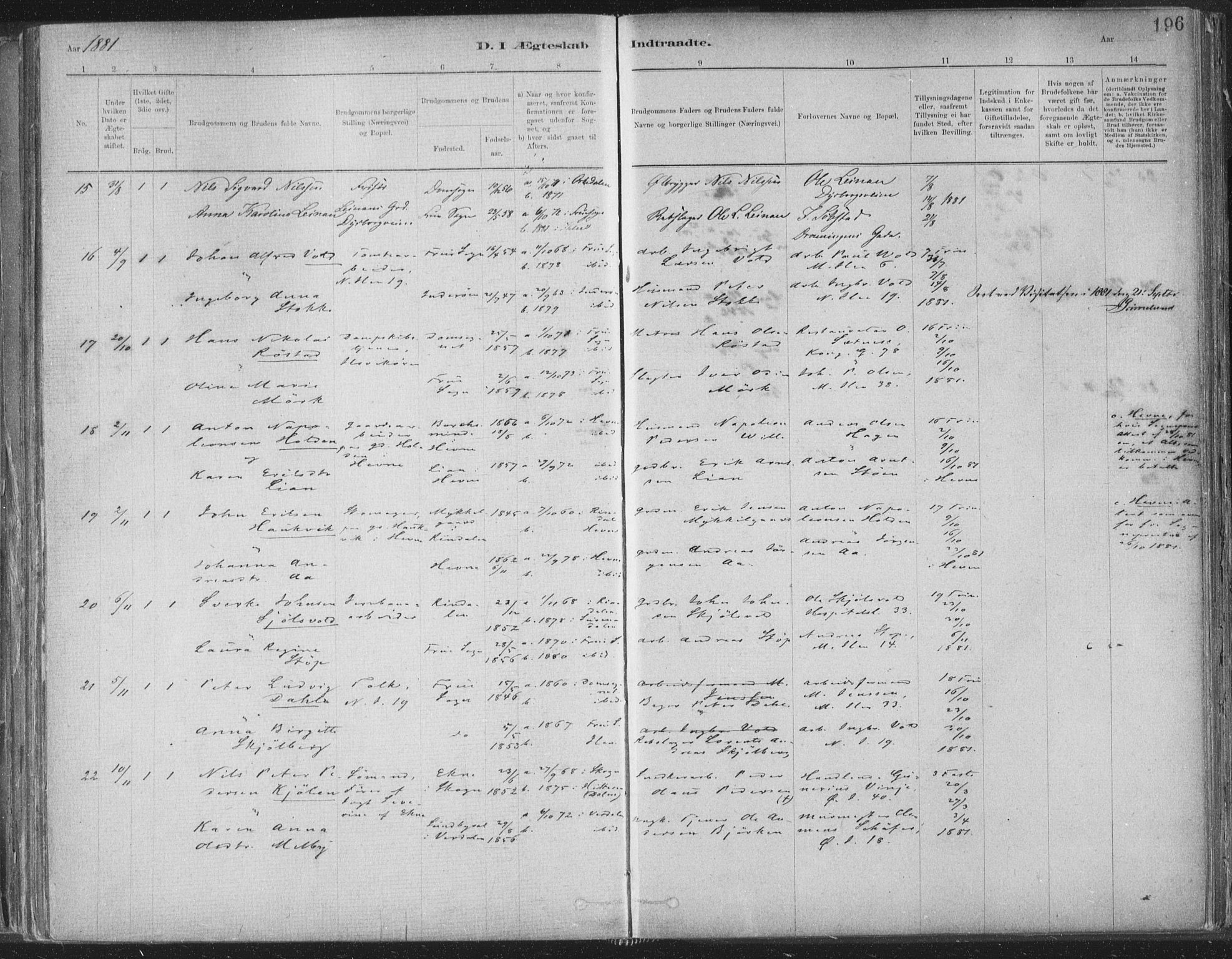 Ministerialprotokoller, klokkerbøker og fødselsregistre - Sør-Trøndelag, SAT/A-1456/603/L0162: Parish register (official) no. 603A01, 1879-1895, p. 196