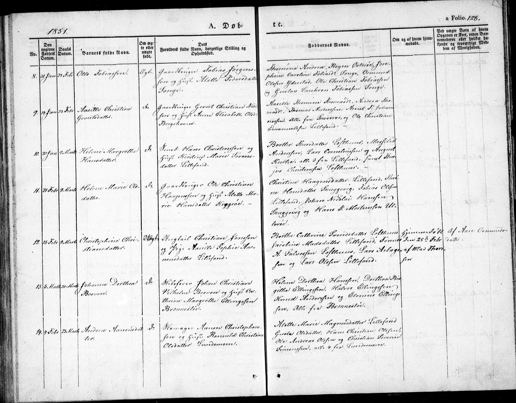 Vestre Moland sokneprestkontor, AV/SAK-1111-0046/F/Fb/Fbb/L0002: Parish register (copy) no. B 2, 1836-1851, p. 128