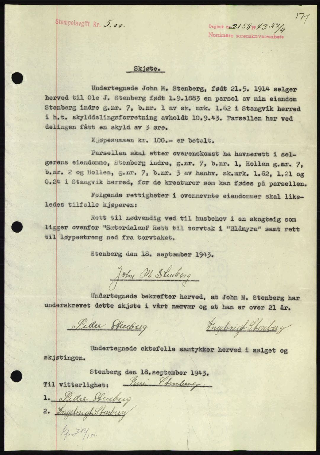 Nordmøre sorenskriveri, SAT/A-4132/1/2/2Ca: Mortgage book no. A96, 1943-1944, Diary no: : 2158/1943