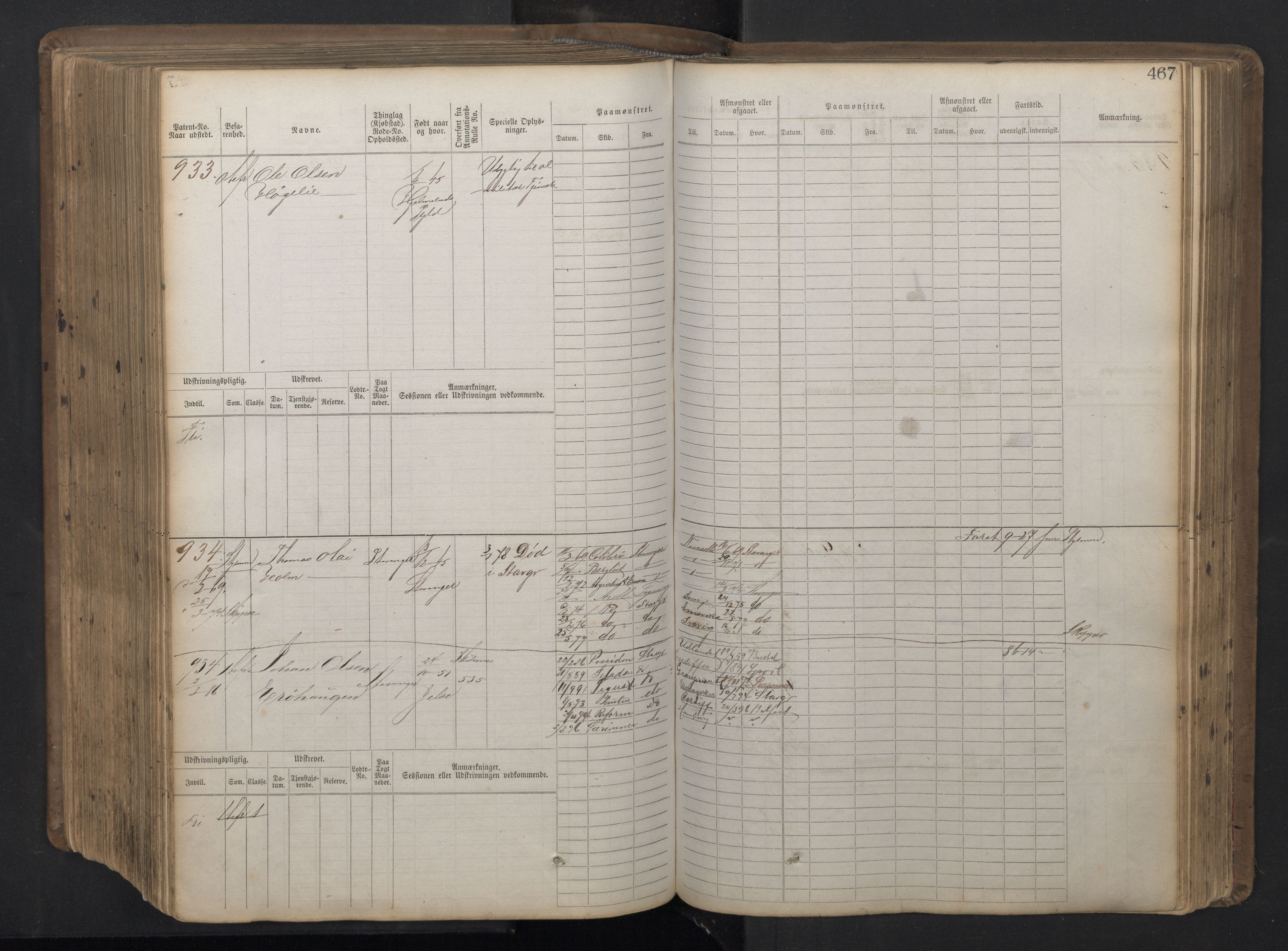 Stavanger sjømannskontor, AV/SAST-A-102006/F/Fb/Fbb/L0016: Sjøfartshovedrulle patnentnr. 1-1202 (dublett), 1869, p. 467