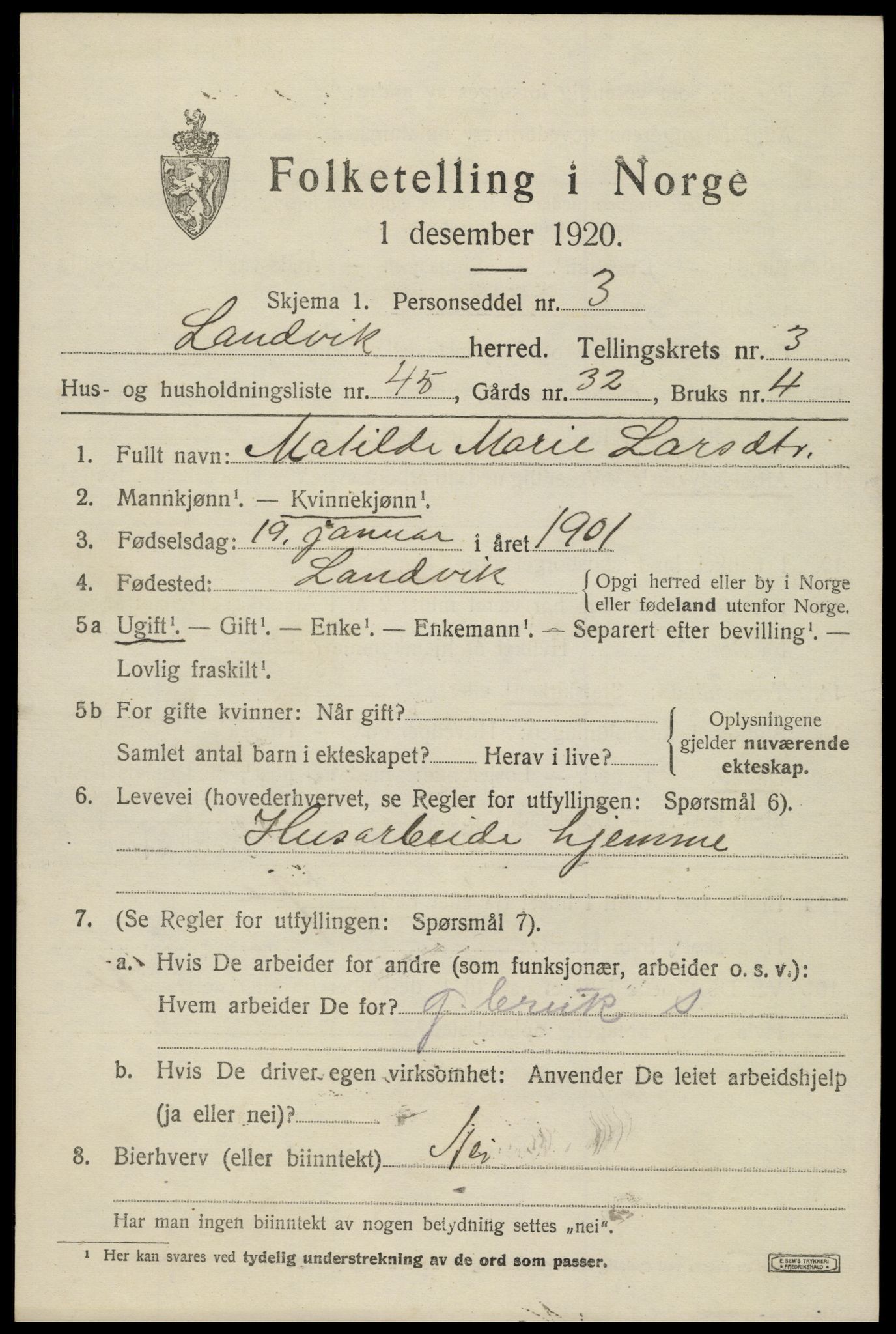 SAK, 1920 census for Landvik, 1920, p. 3334