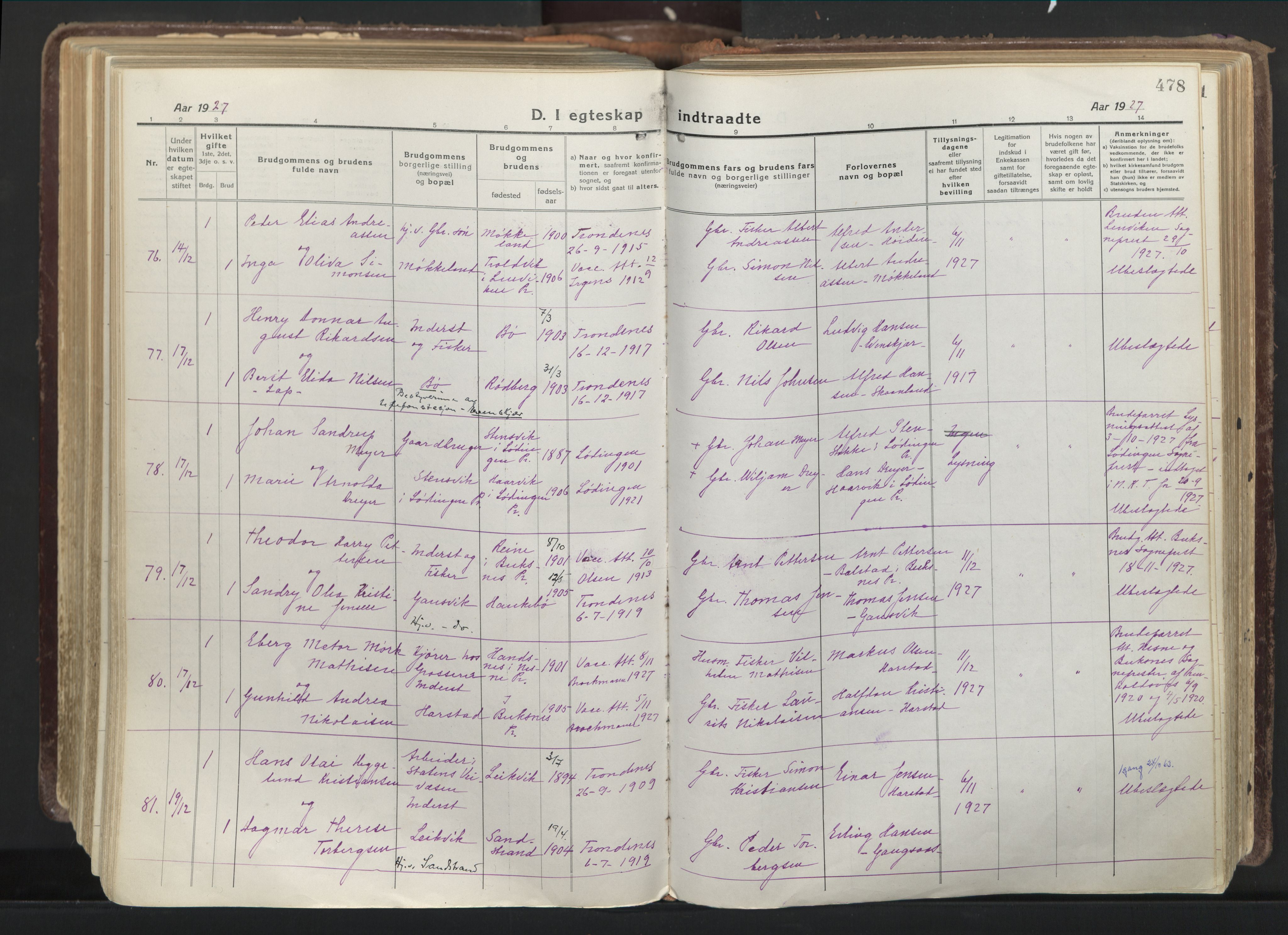 Trondenes sokneprestkontor, AV/SATØ-S-1319/H/Ha/L0019kirke: Parish register (official) no. 19, 1919-1928, p. 478