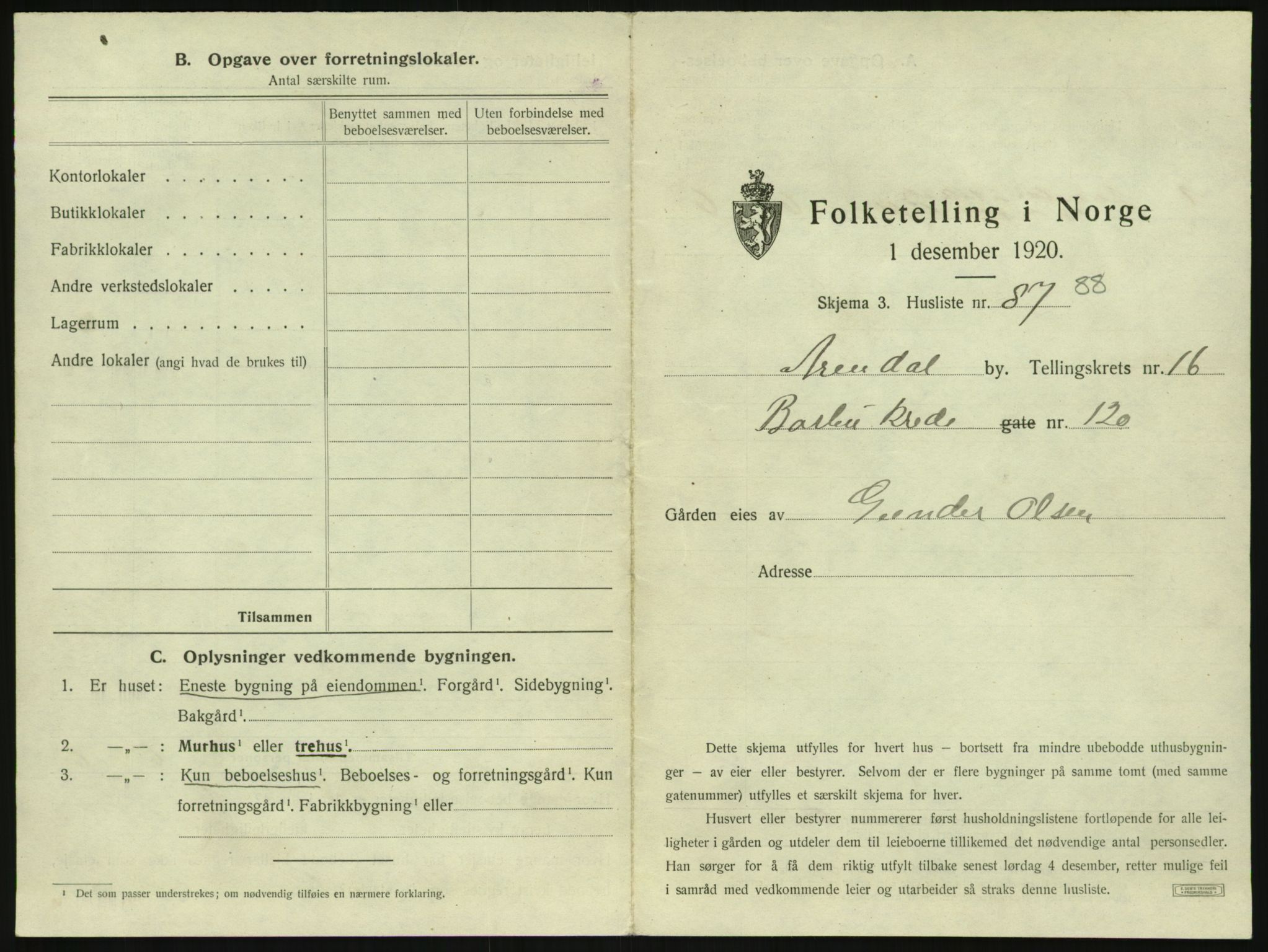 SAK, 1920 census for Arendal, 1920, p. 2520