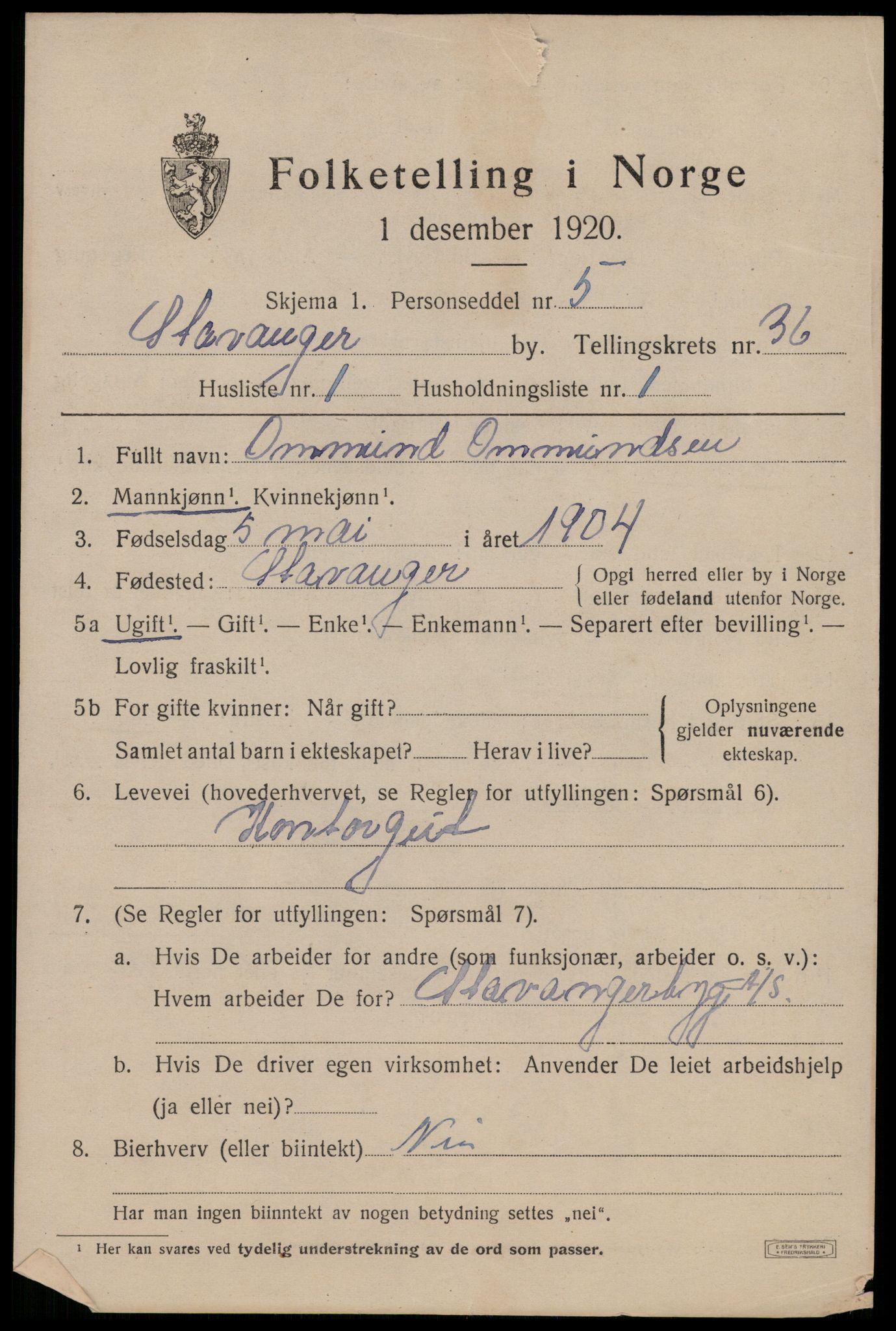 SAST, 1920 census for Stavanger, 1920, p. 95732