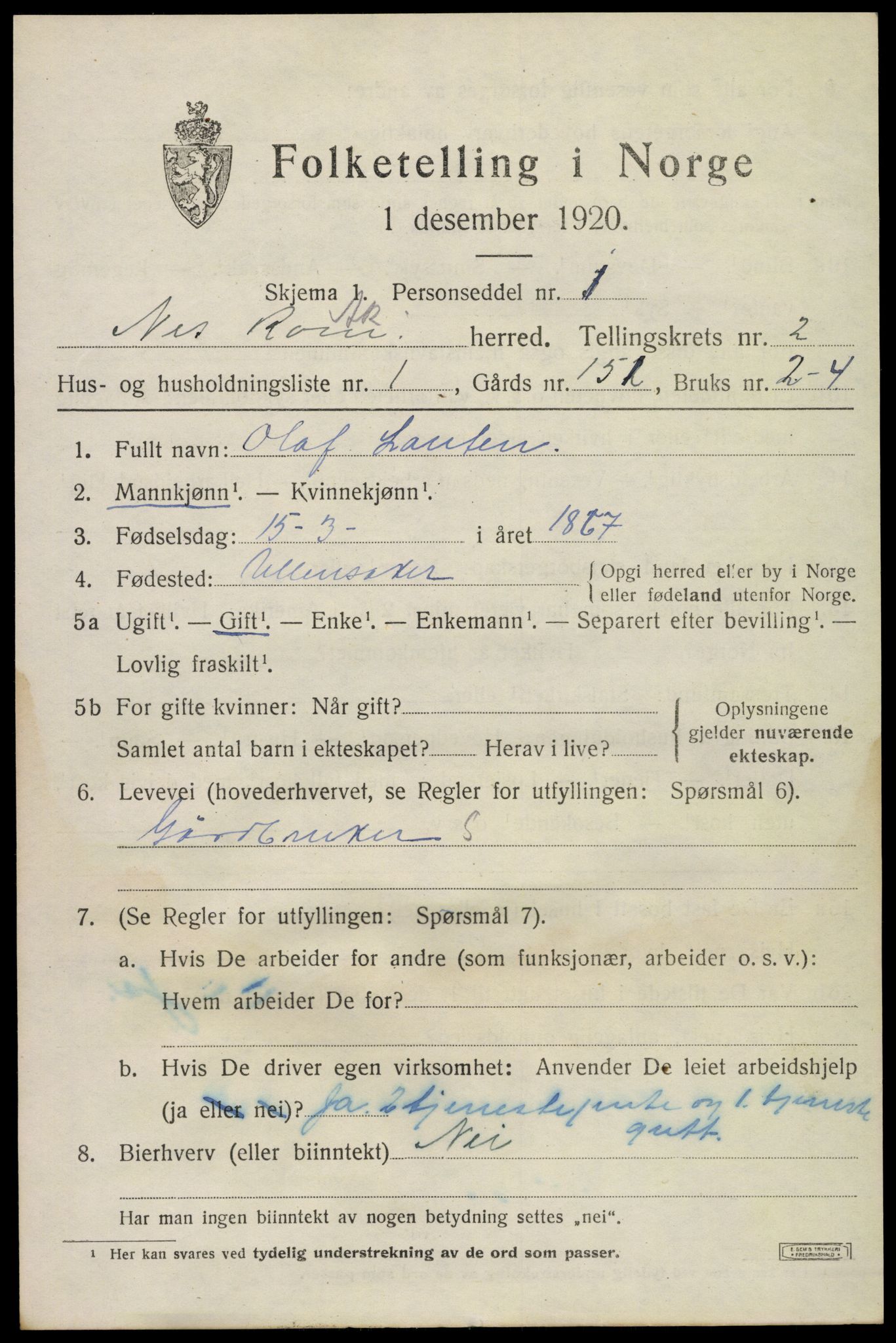 SAO, 1920 census for Nes, 1920, p. 5114