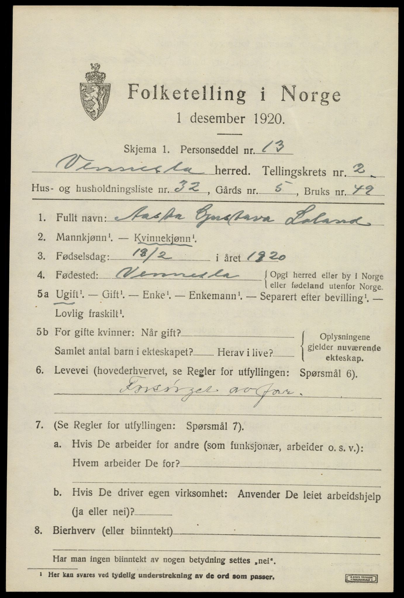 SAK, 1920 census for Vennesla, 1920, p. 1902