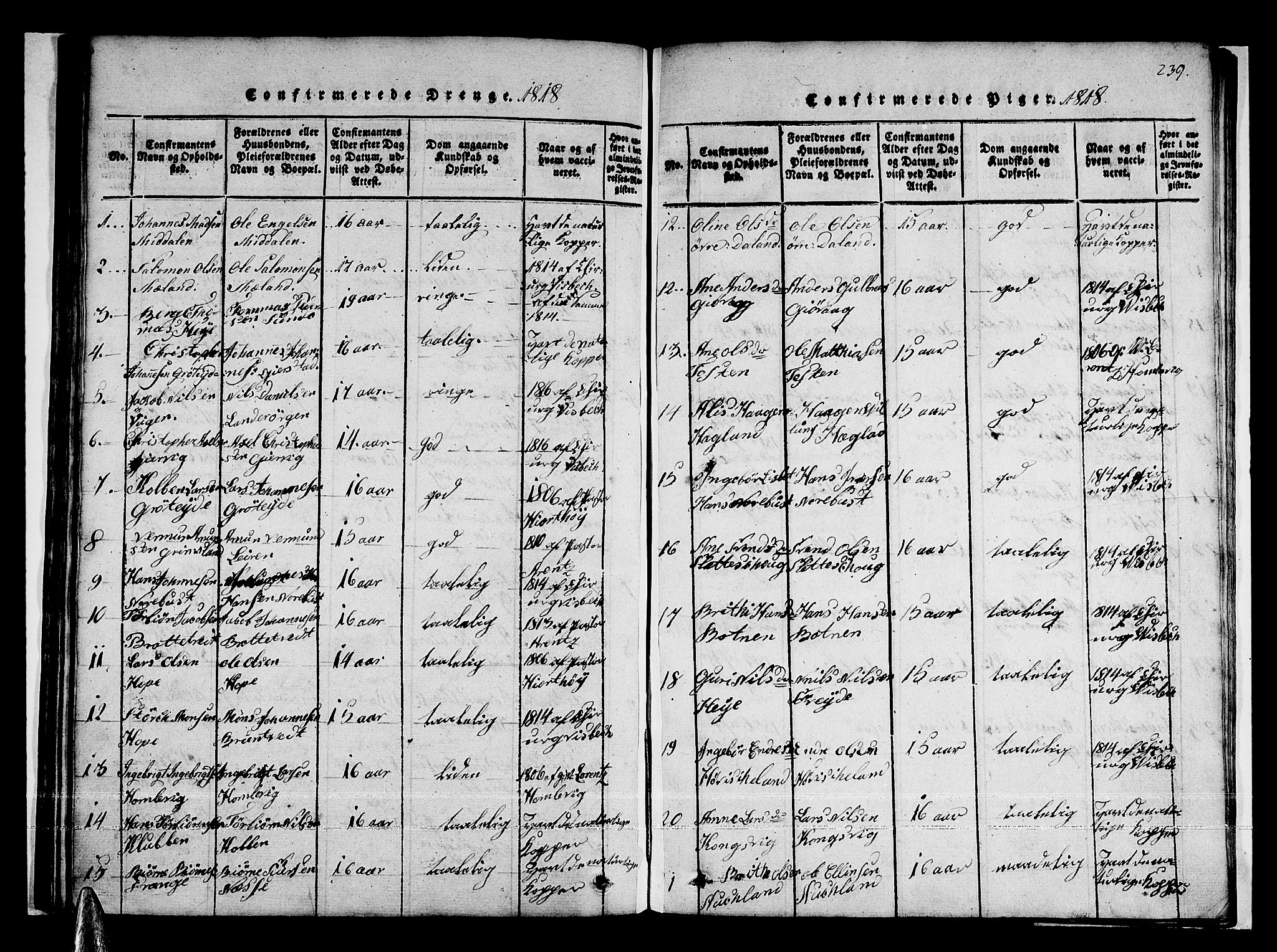 Tysnes sokneprestembete, AV/SAB-A-78601/H/Haa: Parish register (official) no. A 7, 1816-1826, p. 239