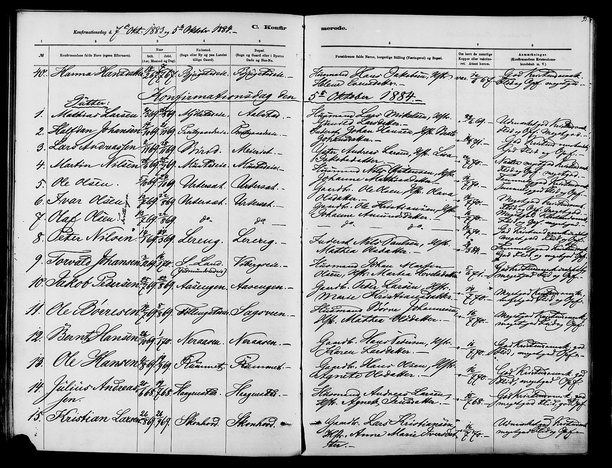 Vardal prestekontor, SAH/PREST-100/H/Ha/Haa/L0010: Parish register (official) no. 10, 1878-1893, p. 95