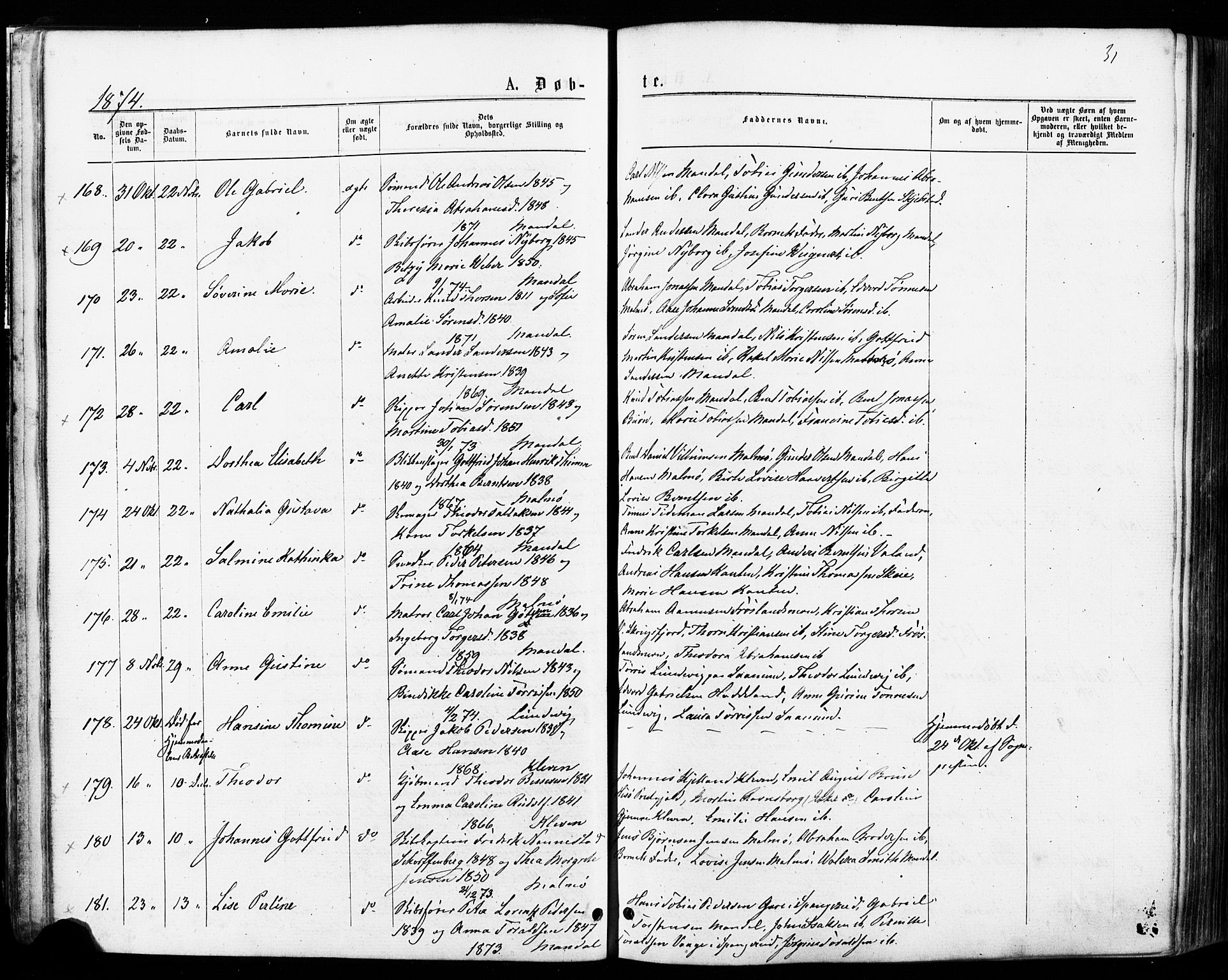 Mandal sokneprestkontor, SAK/1111-0030/F/Fa/Faa/L0015: Parish register (official) no. A 15, 1873-1879, p. 31