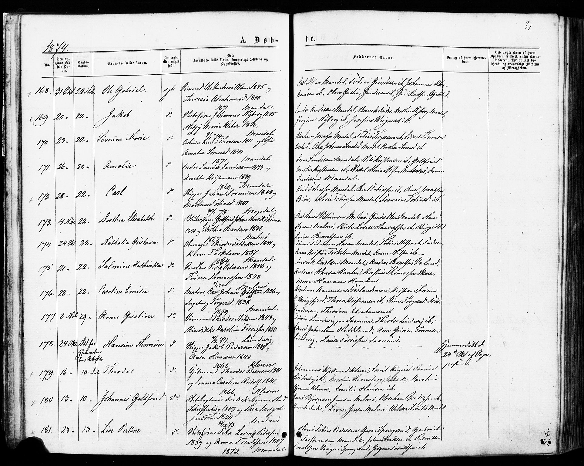 Mandal sokneprestkontor, AV/SAK-1111-0030/F/Fa/Faa/L0015: Parish register (official) no. A 15, 1873-1879, p. 31