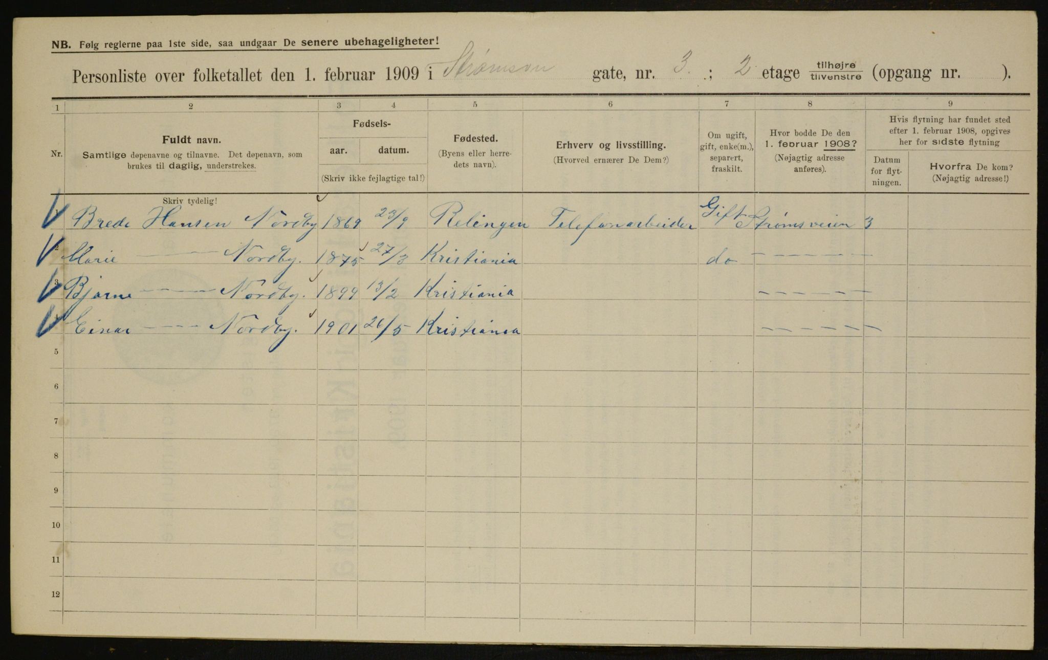 OBA, Municipal Census 1909 for Kristiania, 1909, p. 94075