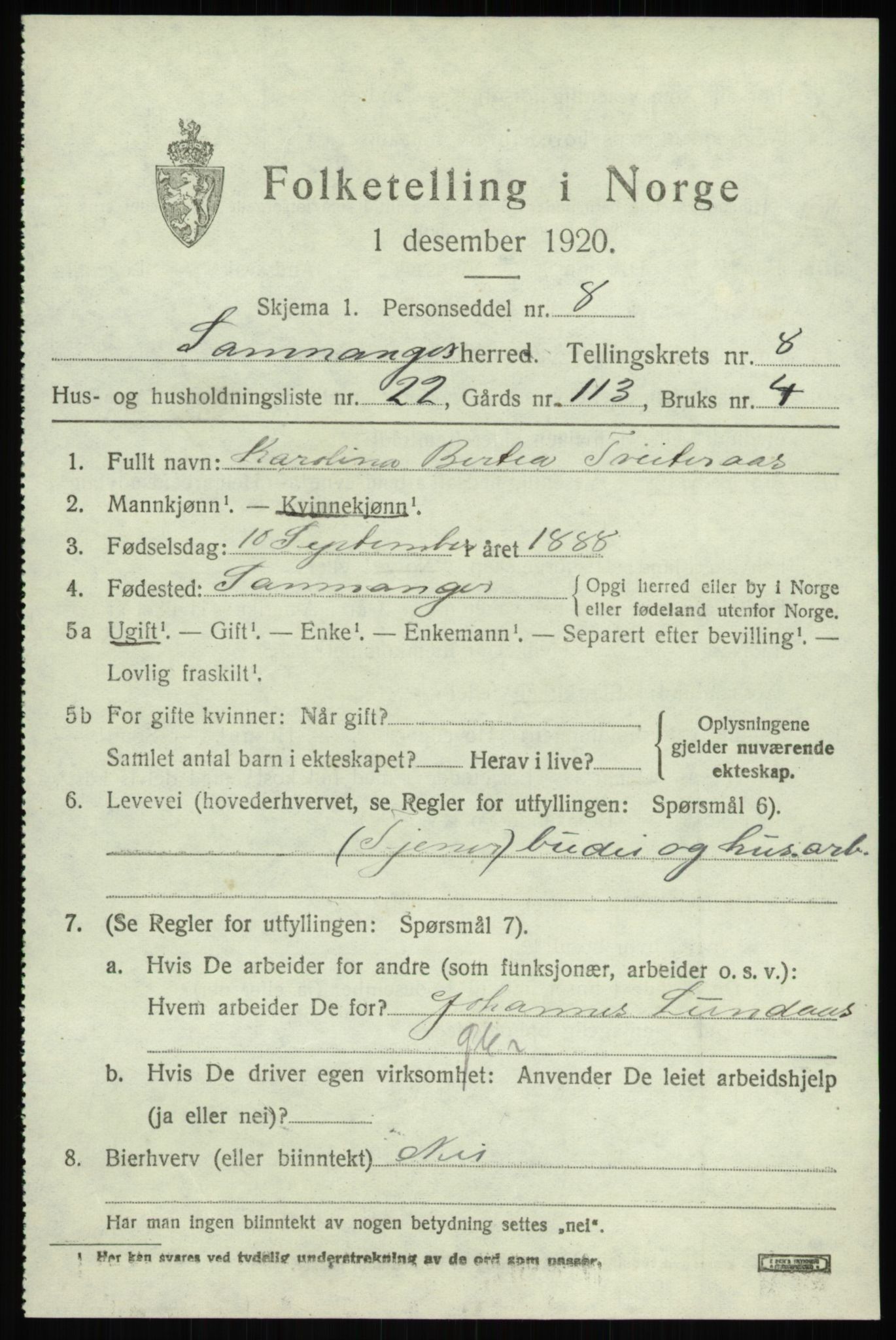 SAB, 1920 census for Samnanger, 1920, p. 3853