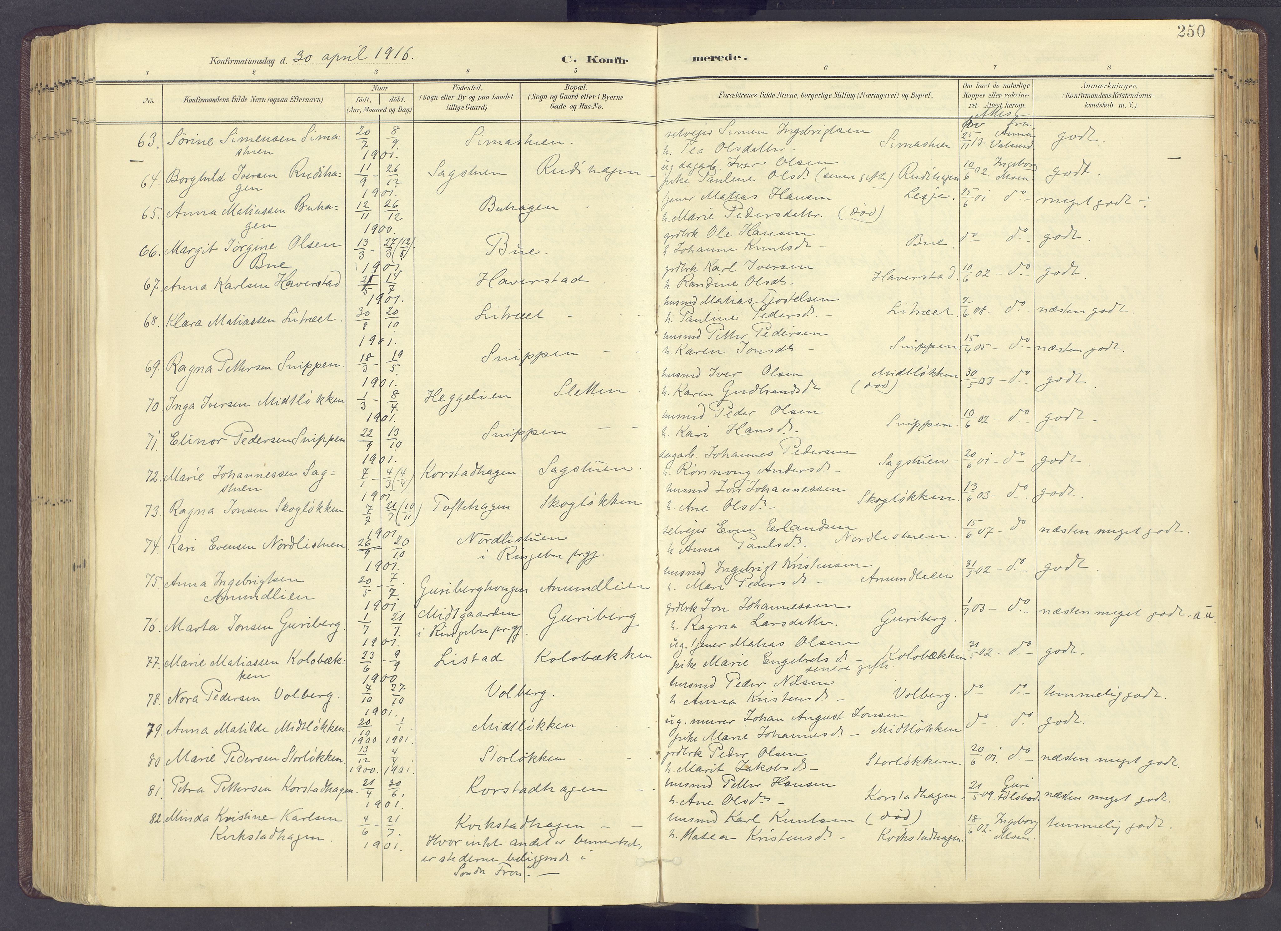 Sør-Fron prestekontor, AV/SAH-PREST-010/H/Ha/Haa/L0004: Parish register (official) no. 4, 1898-1919, p. 250