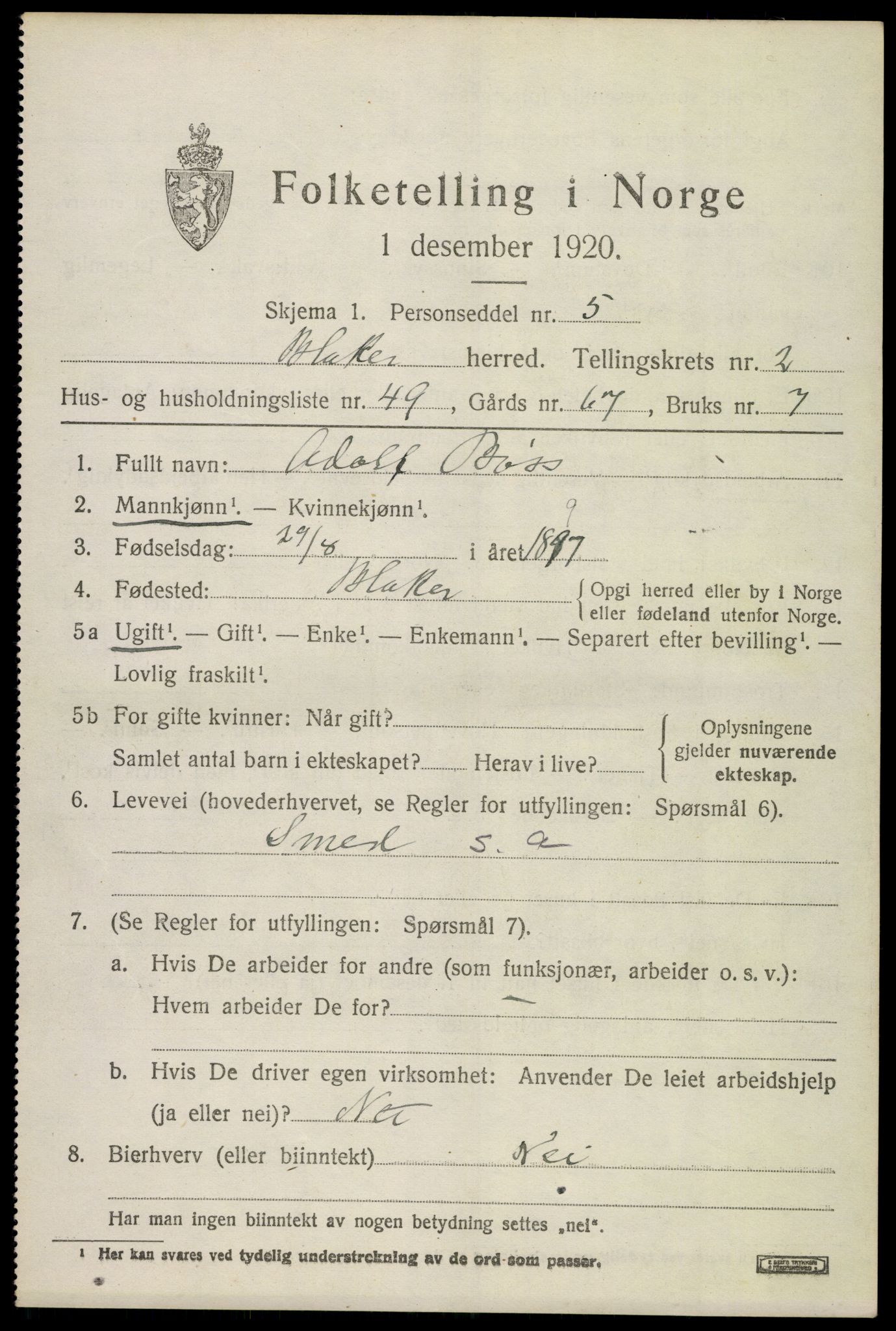 SAO, 1920 census for Blaker, 1920, p. 1999