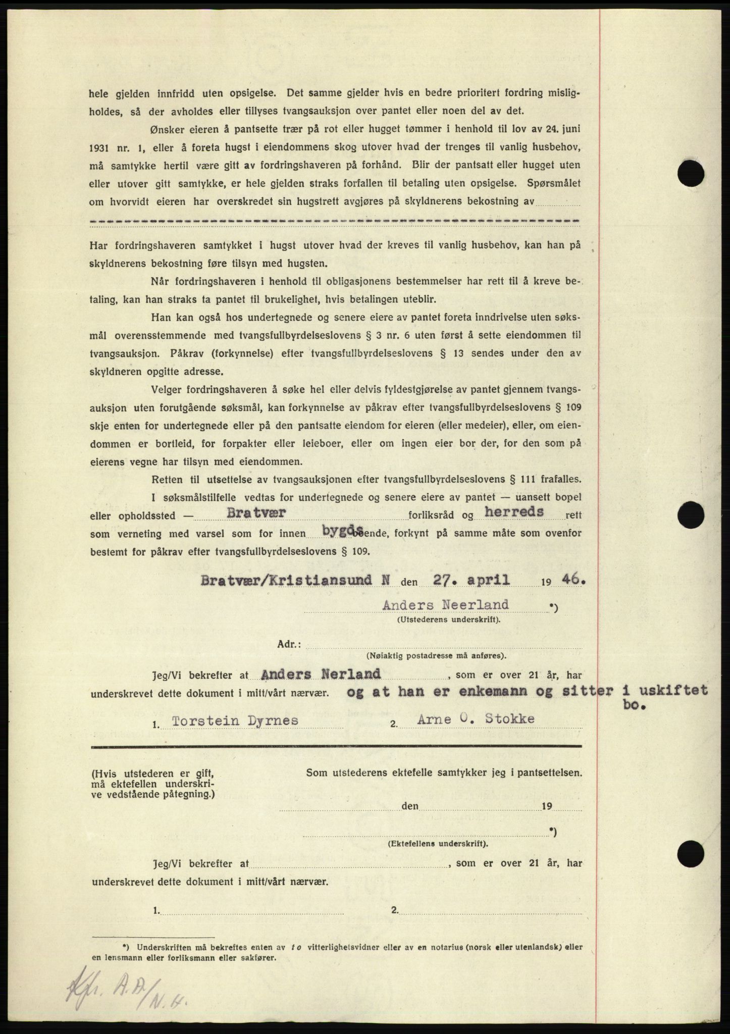 Nordmøre sorenskriveri, AV/SAT-A-4132/1/2/2Ca: Mortgage book no. B94, 1946-1946, Diary no: : 717/1946