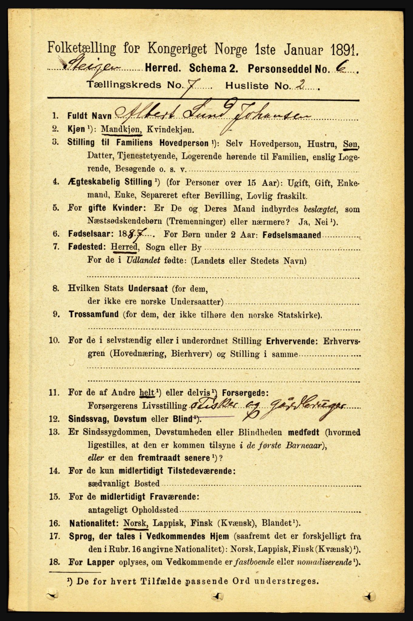 RA, 1891 census for 1848 Steigen, 1891, p. 2278