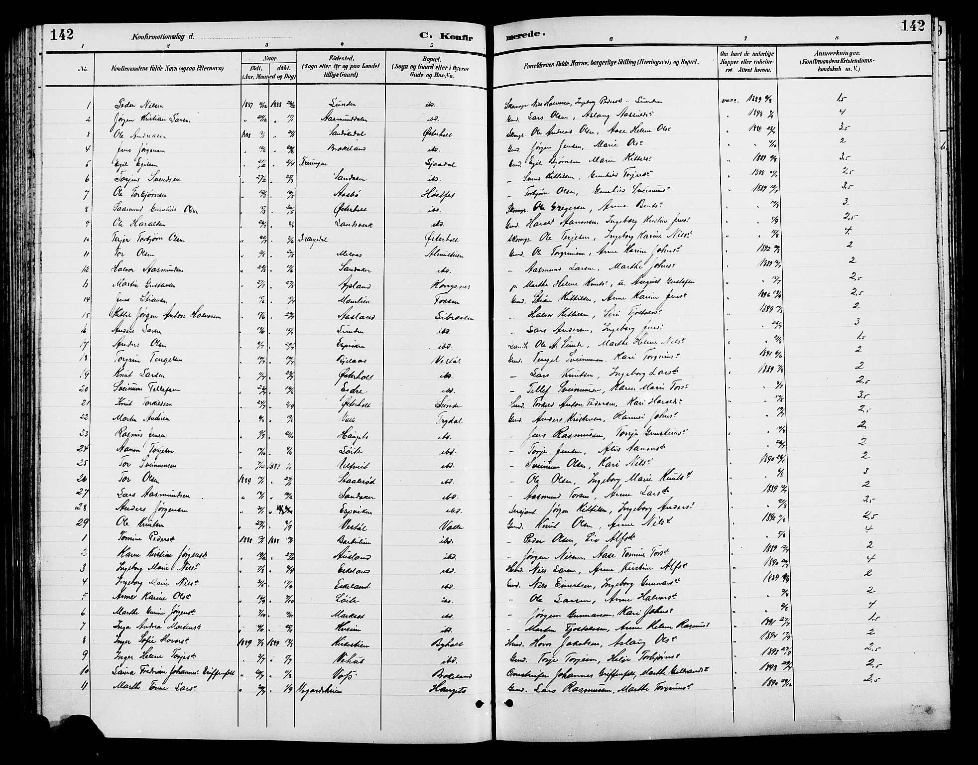 Gjerstad sokneprestkontor, SAK/1111-0014/F/Fb/Fba/L0007: Parish register (copy) no. B 7, 1891-1908, p. 142