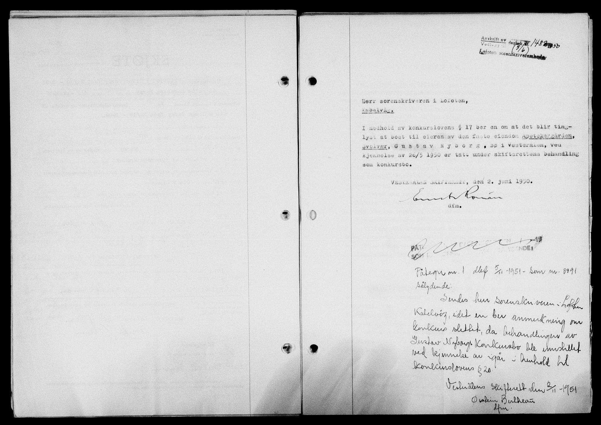 Lofoten sorenskriveri, SAT/A-0017/1/2/2C/L0023a: Mortgage book no. 23a, 1950-1950, Diary no: : 1482/1950