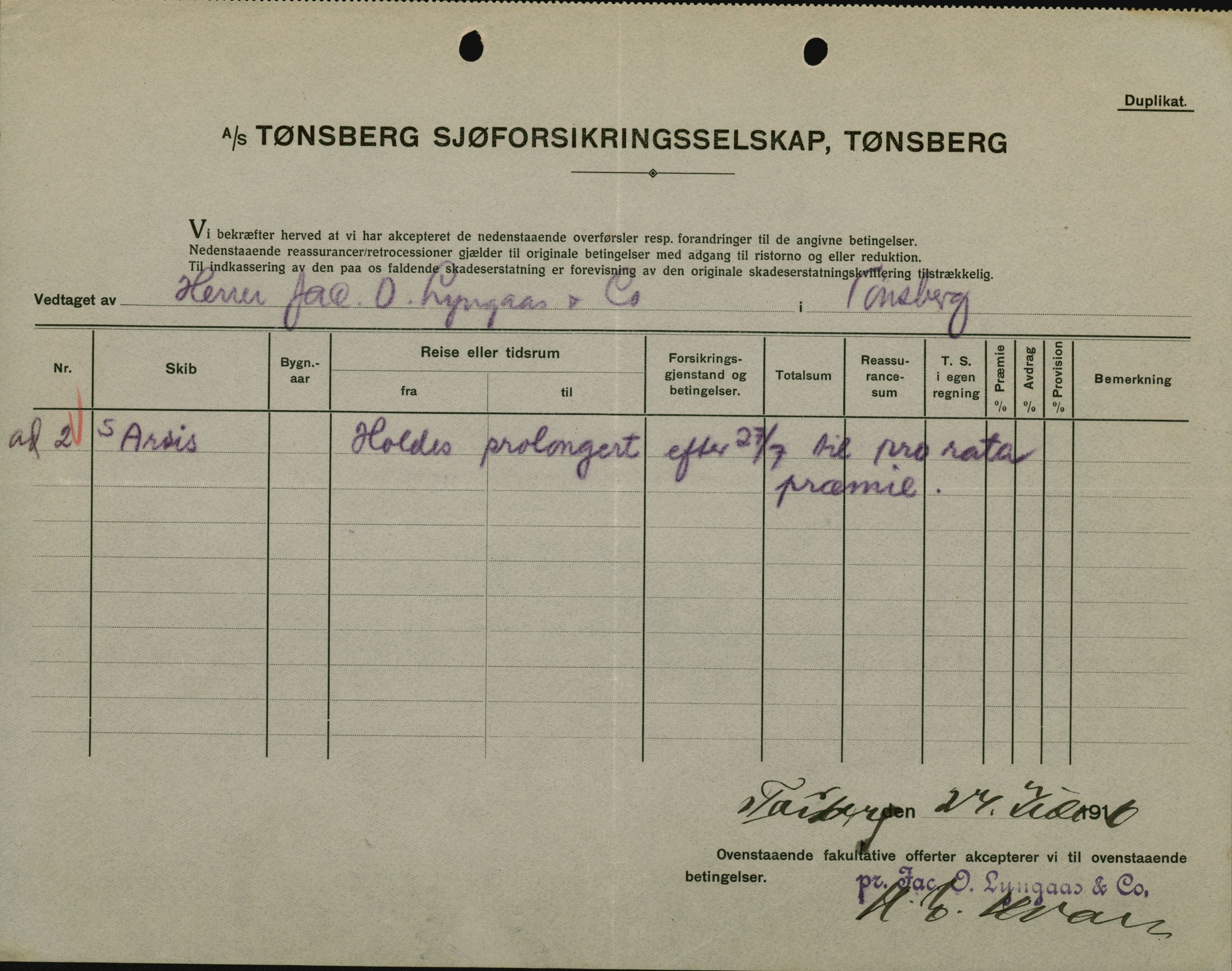 Pa 664 - Tønsberg Sjøforsikringsselskap, VEMU/A-1773/F/L0001: Forsikringspoliser, 1915-1918