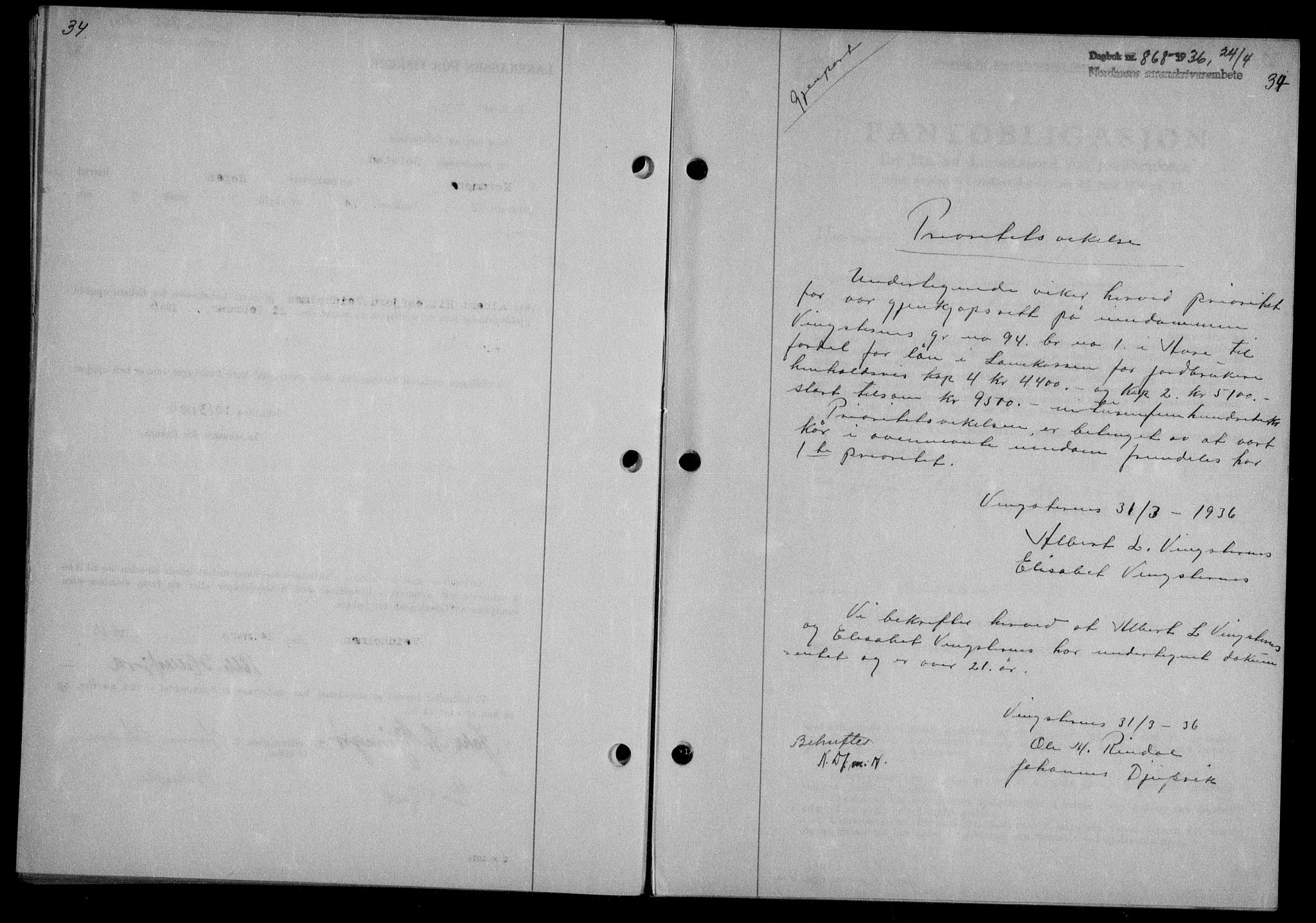 Nordmøre sorenskriveri, AV/SAT-A-4132/1/2/2Ca/L0088: Mortgage book no. 78, 1936-1936, Diary no: : 868/1936