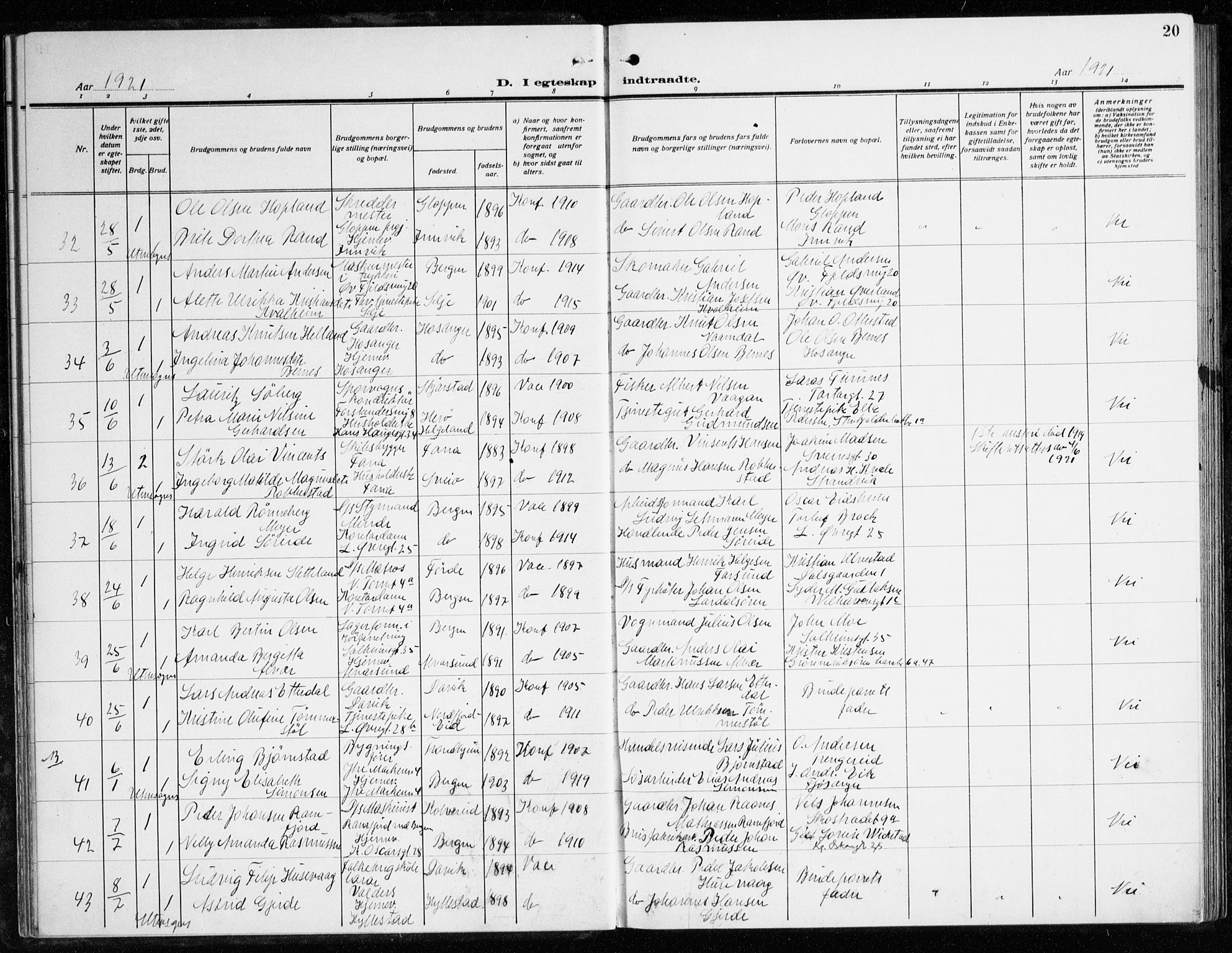 Korskirken sokneprestembete, AV/SAB-A-76101/H/Haa/L0039: Parish register (official) no. D 6, 1919-1938, p. 20