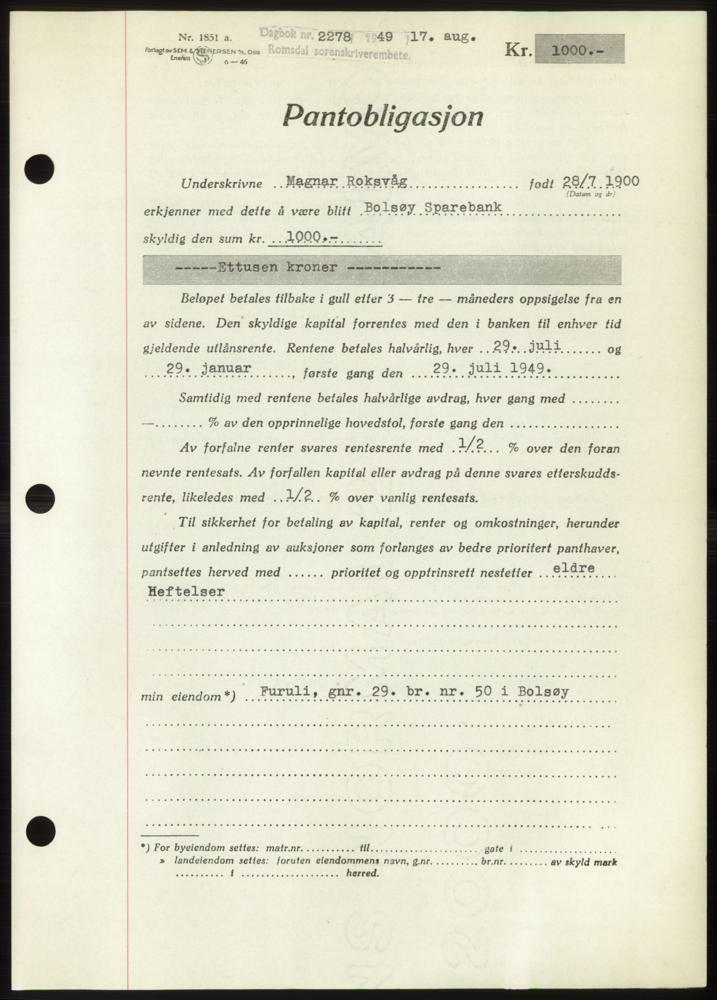 Romsdal sorenskriveri, AV/SAT-A-4149/1/2/2C: Mortgage book no. B4, 1948-1949, Diary no: : 2278/1949