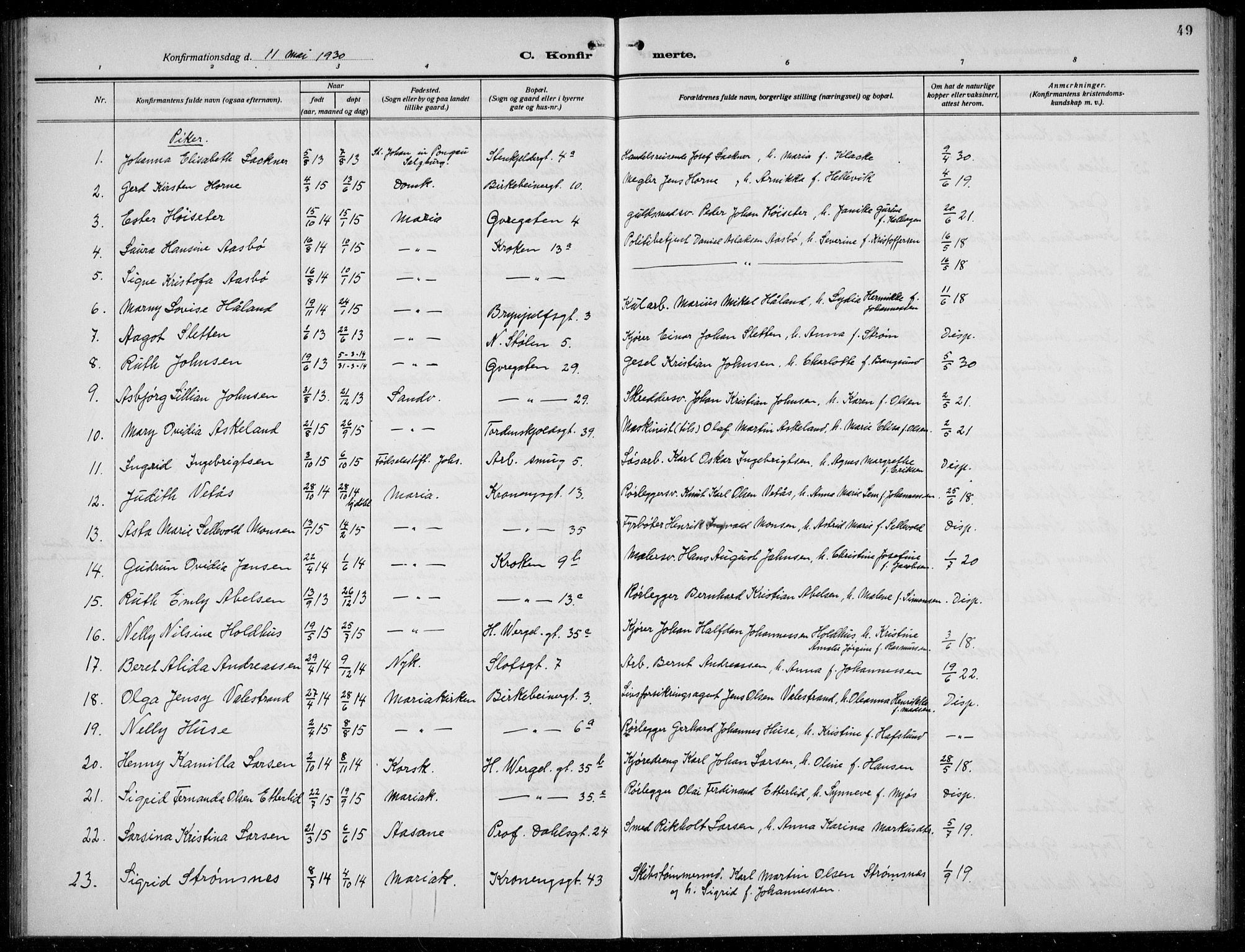 Mariakirken Sokneprestembete, SAB/A-76901/H/Hab/L0010: Parish register (copy) no. A 10, 1920-1937, p. 49