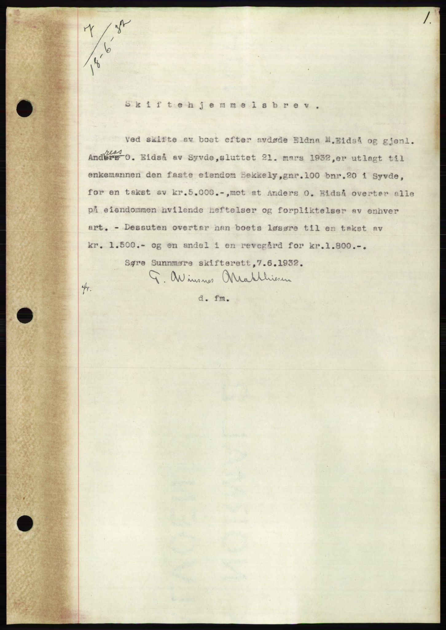 Søre Sunnmøre sorenskriveri, AV/SAT-A-4122/1/2/2C/L0054: Mortgage book no. 48, 1932-1933, Deed date: 18.06.1932