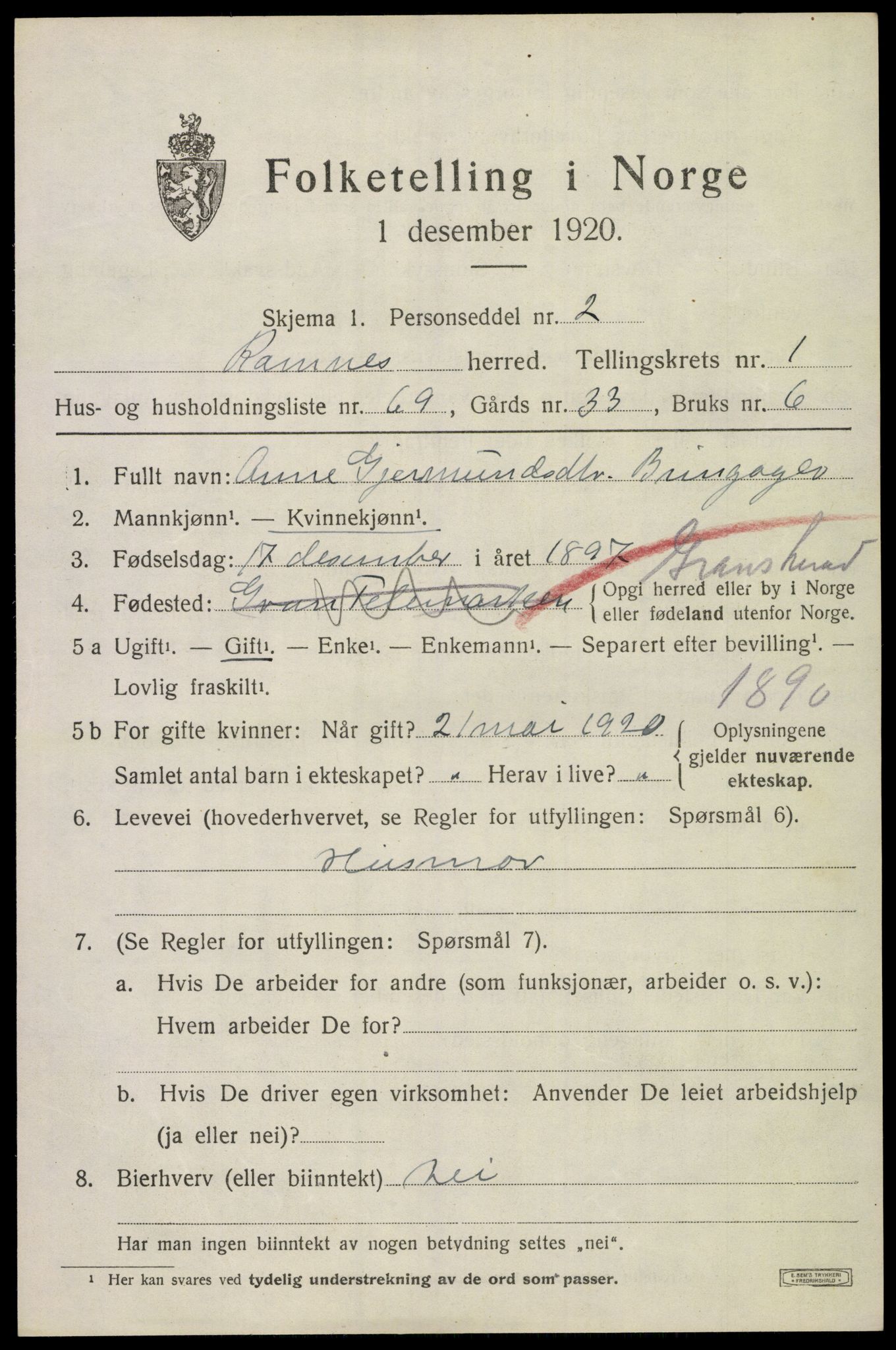 SAKO, 1920 census for Ramnes, 1920, p. 1982