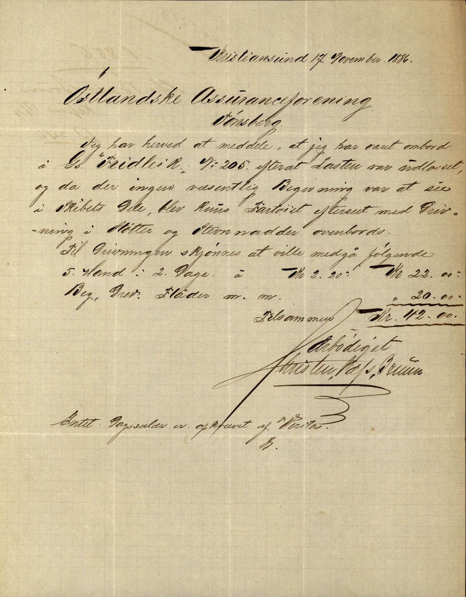 Pa 63 - Østlandske skibsassuranceforening, VEMU/A-1079/G/Ga/L0019/0005: Havaridokumenter / Fridleik, Nordstjernen, Ocean, Olaf Roll, Olaf Kyrre, 1886, p. 2