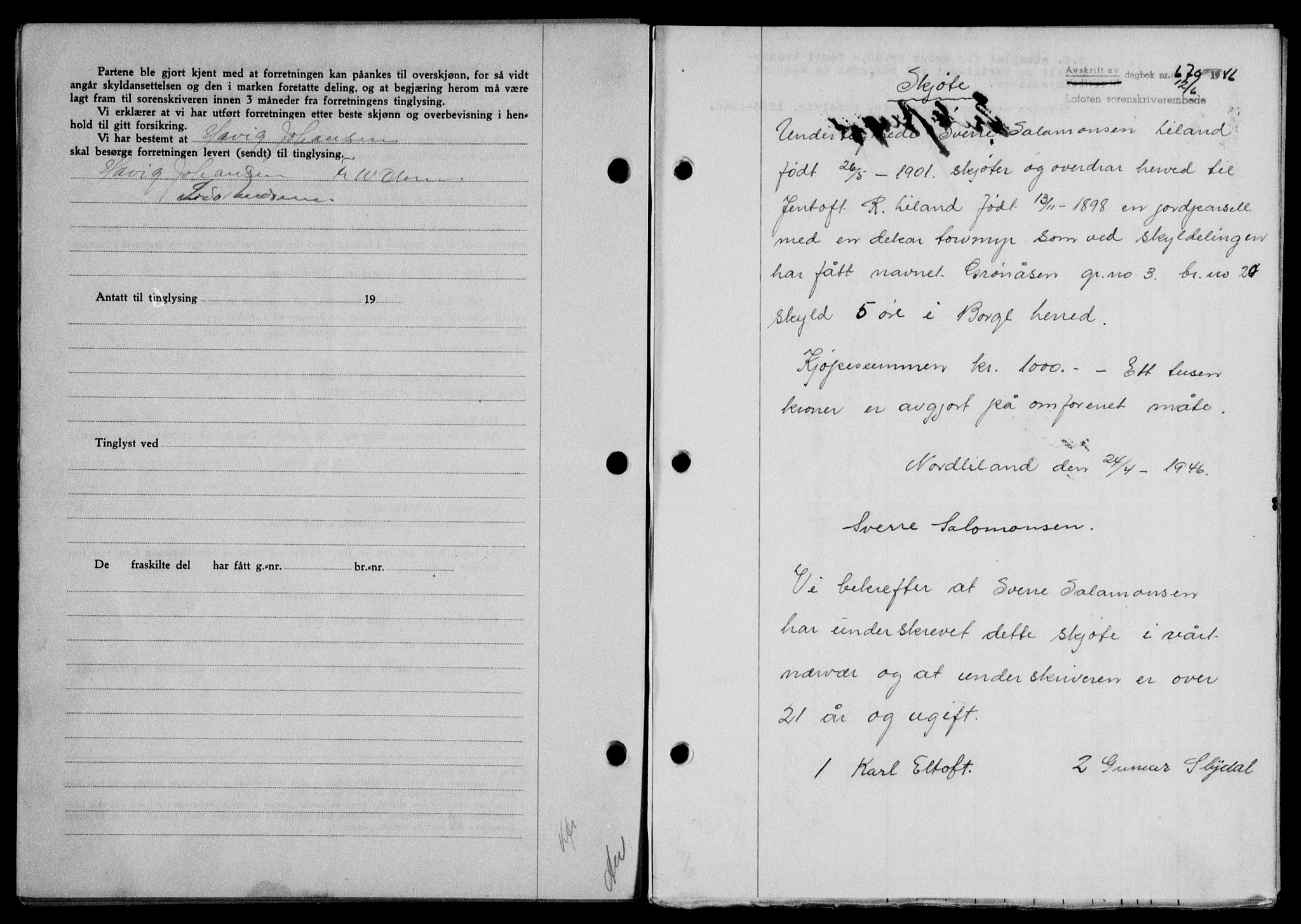 Lofoten sorenskriveri, SAT/A-0017/1/2/2C/L0014a: Mortgage book no. 14a, 1946-1946, Diary no: : 670/1946