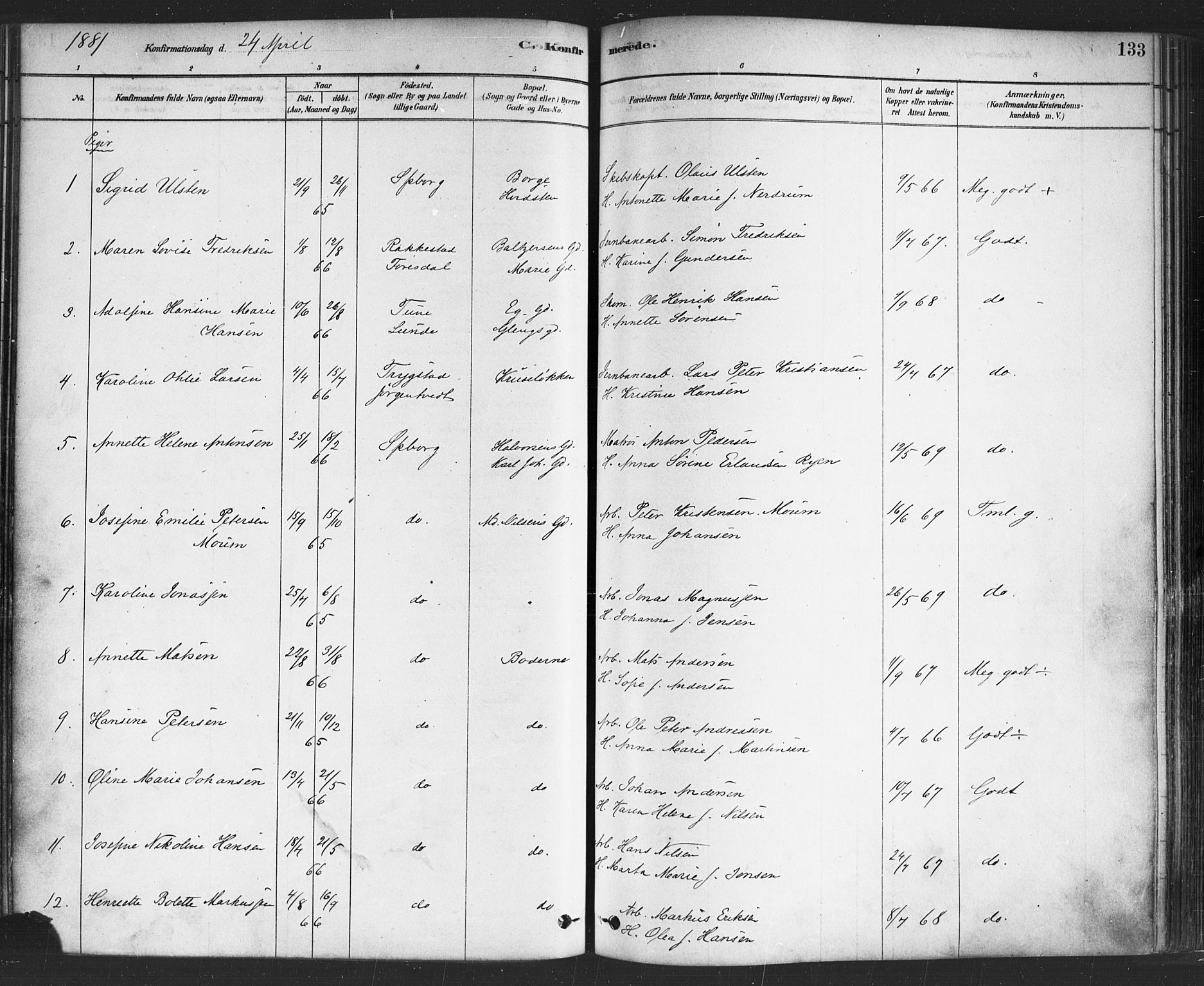 Sarpsborg prestekontor Kirkebøker, SAO/A-2006/F/Fa/L0003: Parish register (official) no. 3, 1878-1891, p. 133